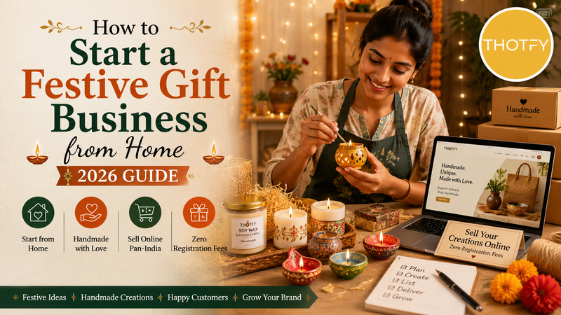 An artisan woman setting up a home-based festive gift business with handmade soy wax candles and clay diyas.