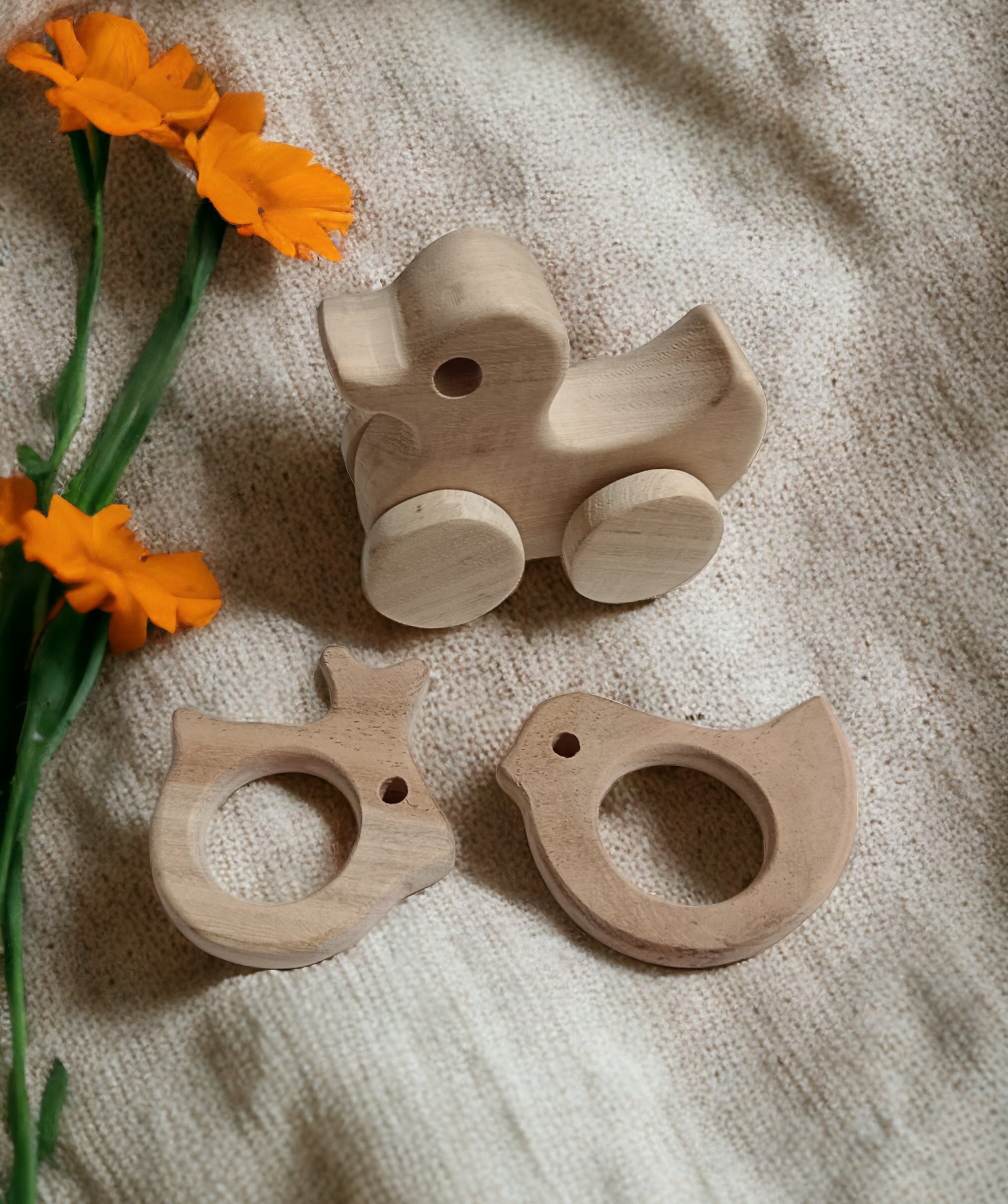 Neem Wooden Wheel Toy & Teether Combo – Duck, Dove & Rabbit Shapes | Natural Baby Toys