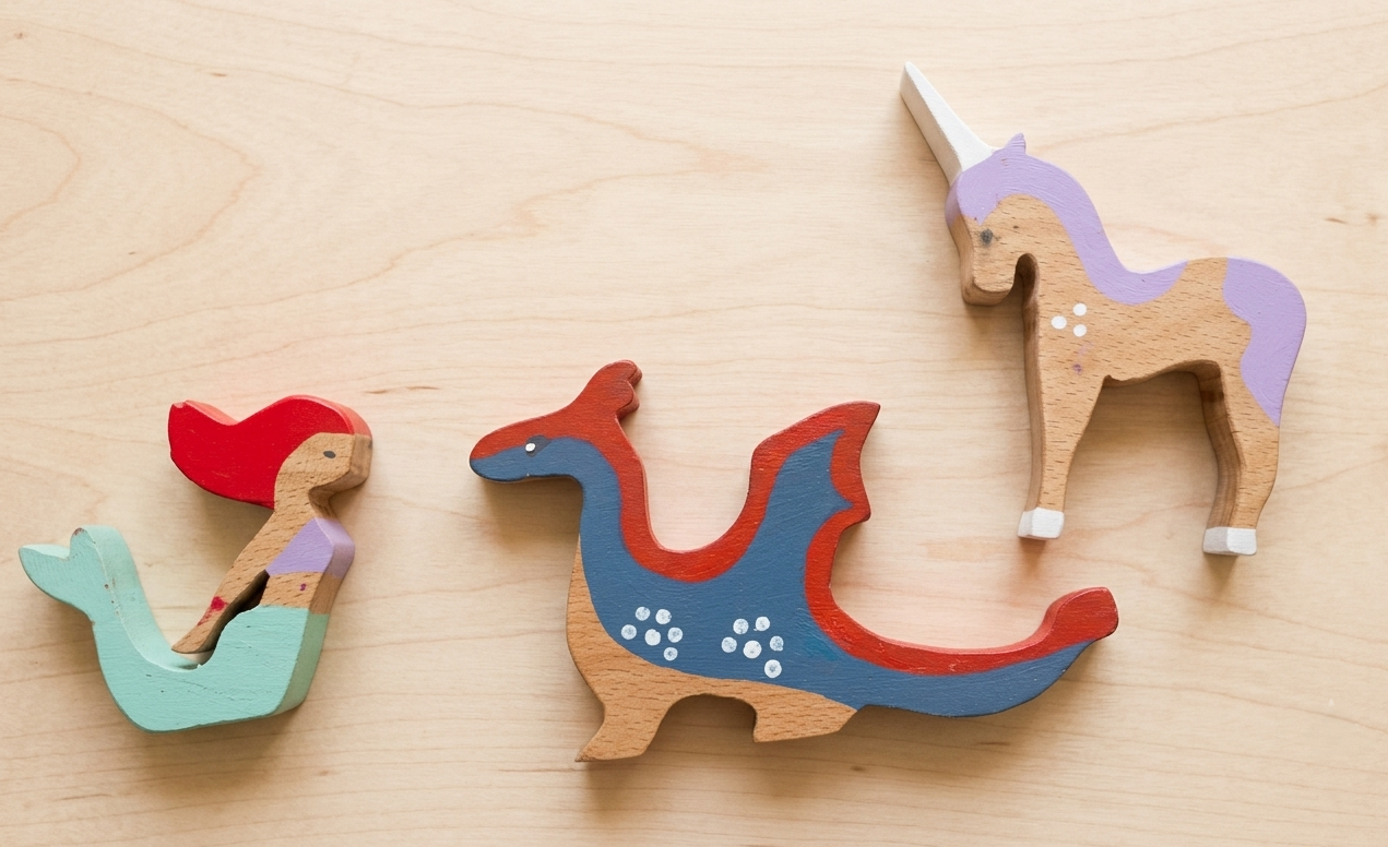 3-Piece Handcrafted Wooden Mythical Figures Set | Double-Sided Painted Mermaid, Dragon & Unicorn Statues for Kids Pretend Play & Showcase Home Decor