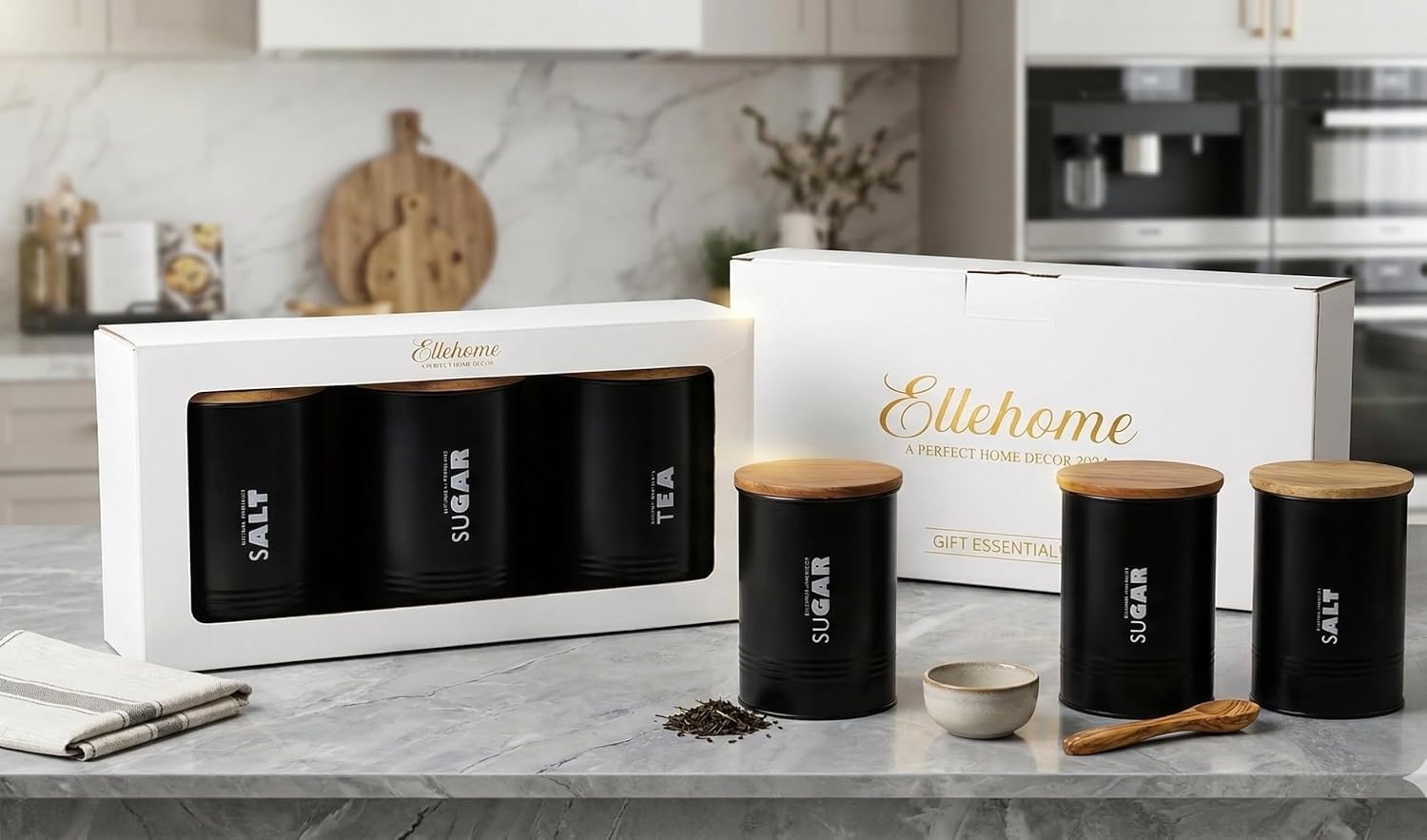 3-Piece Kitchen Storage Canister Set with Wooden Lid | Airtight Tea Coffee Sugar Containers | Matte Black Metal Jars for Kitchen Organization