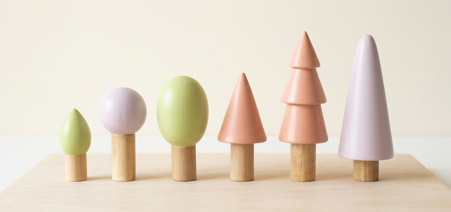 6-Piece Handcrafted Wooden Forest Tree Set | Pastel Wooden Toy Trees & Aesthetic Room Decor for Kids Pretend Play & Montessori Learning
