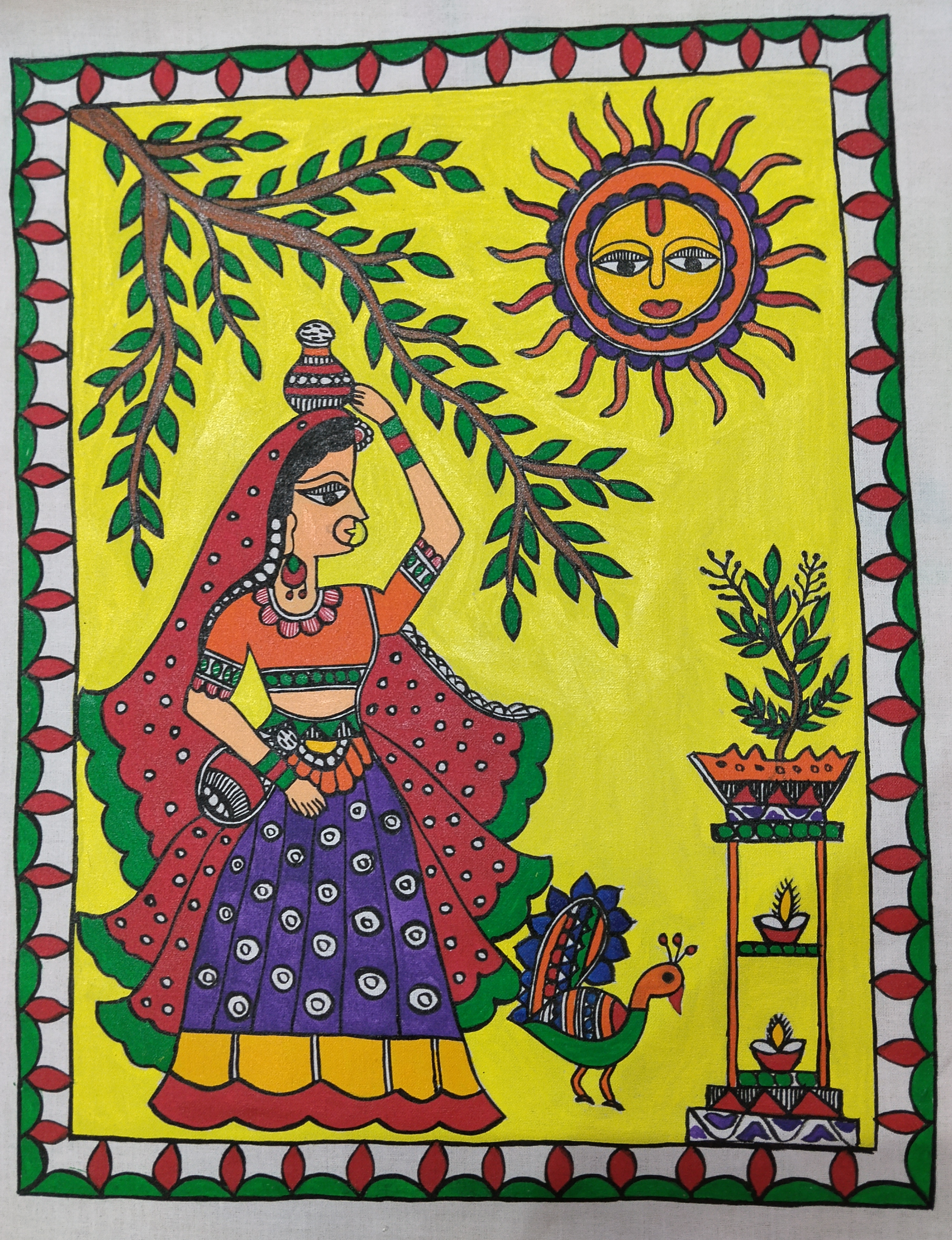Handmade Madhubani Village Scene Folk Art Painting on Canvas – Traditional Indian Wall Decor