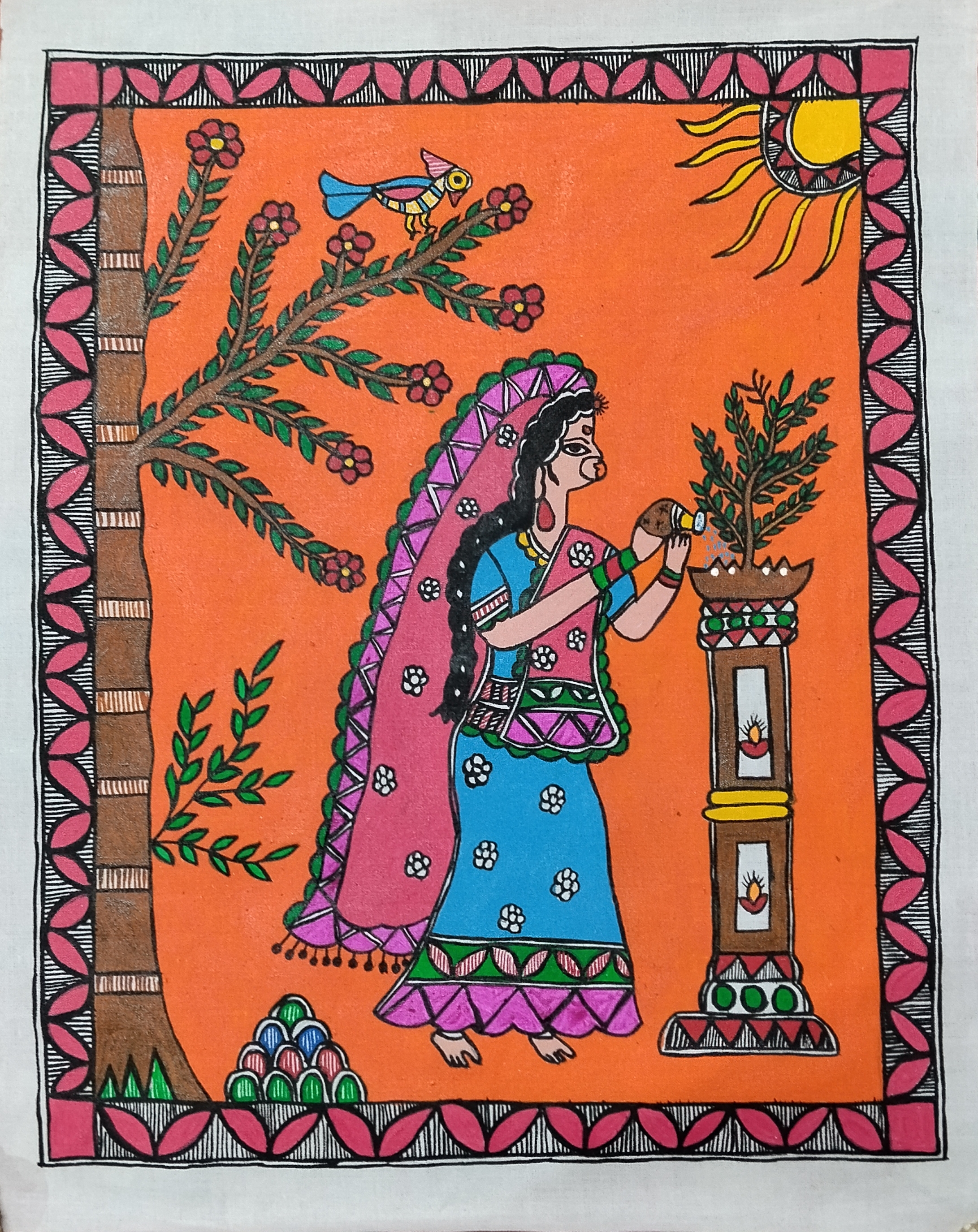 “Sacred Devotion: Handcrafted Madhubani Portrait of a Worshipping Woman”