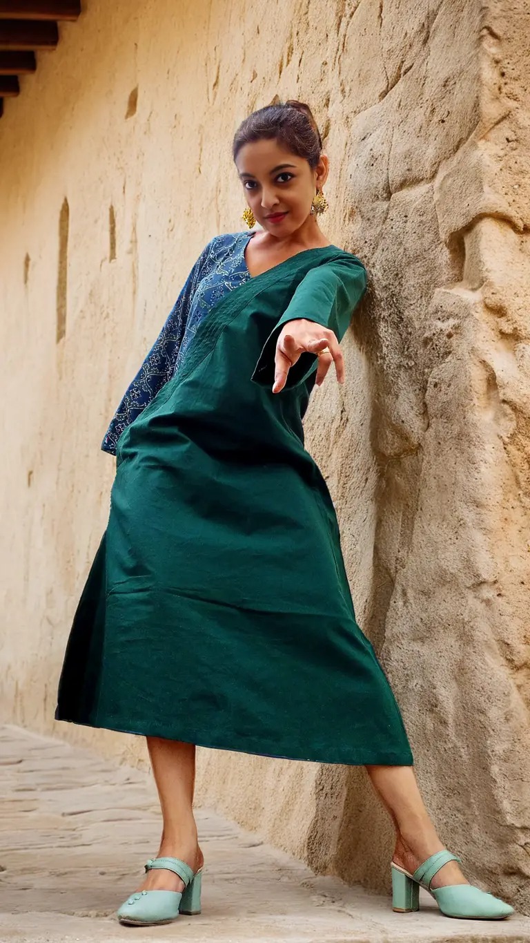 ABASHA - Free Flow Sleeve and Neck Line Ajrakh block Printed highlighted Maxi Dress.