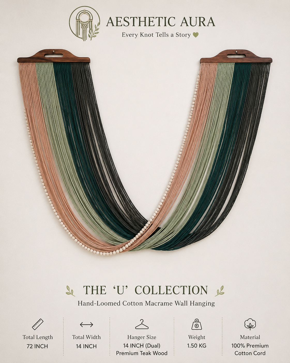 Aesthetic Aura Large Size 'U' Collection Macrame Wall Hanging (72" x 14")
