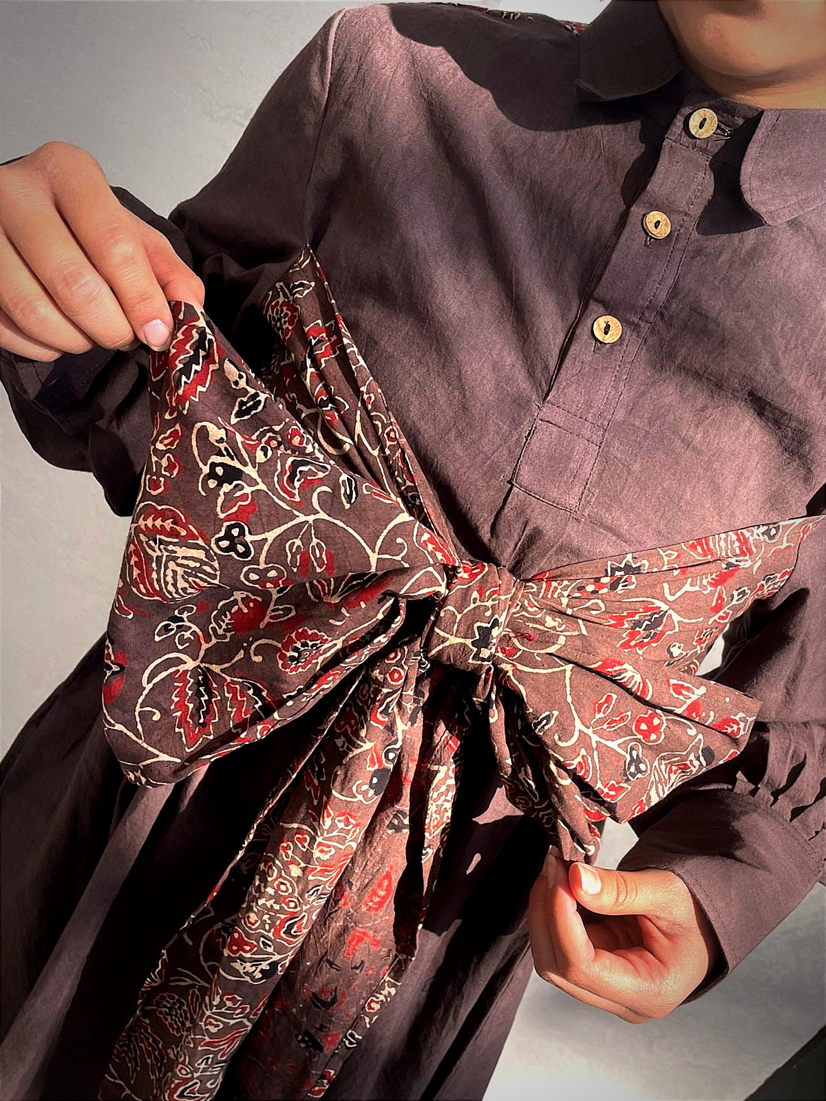 AKROTIRI - Lantern Sleeves Shirt Collared A Line Dress with a Big Stylish Adjustable Bow.
