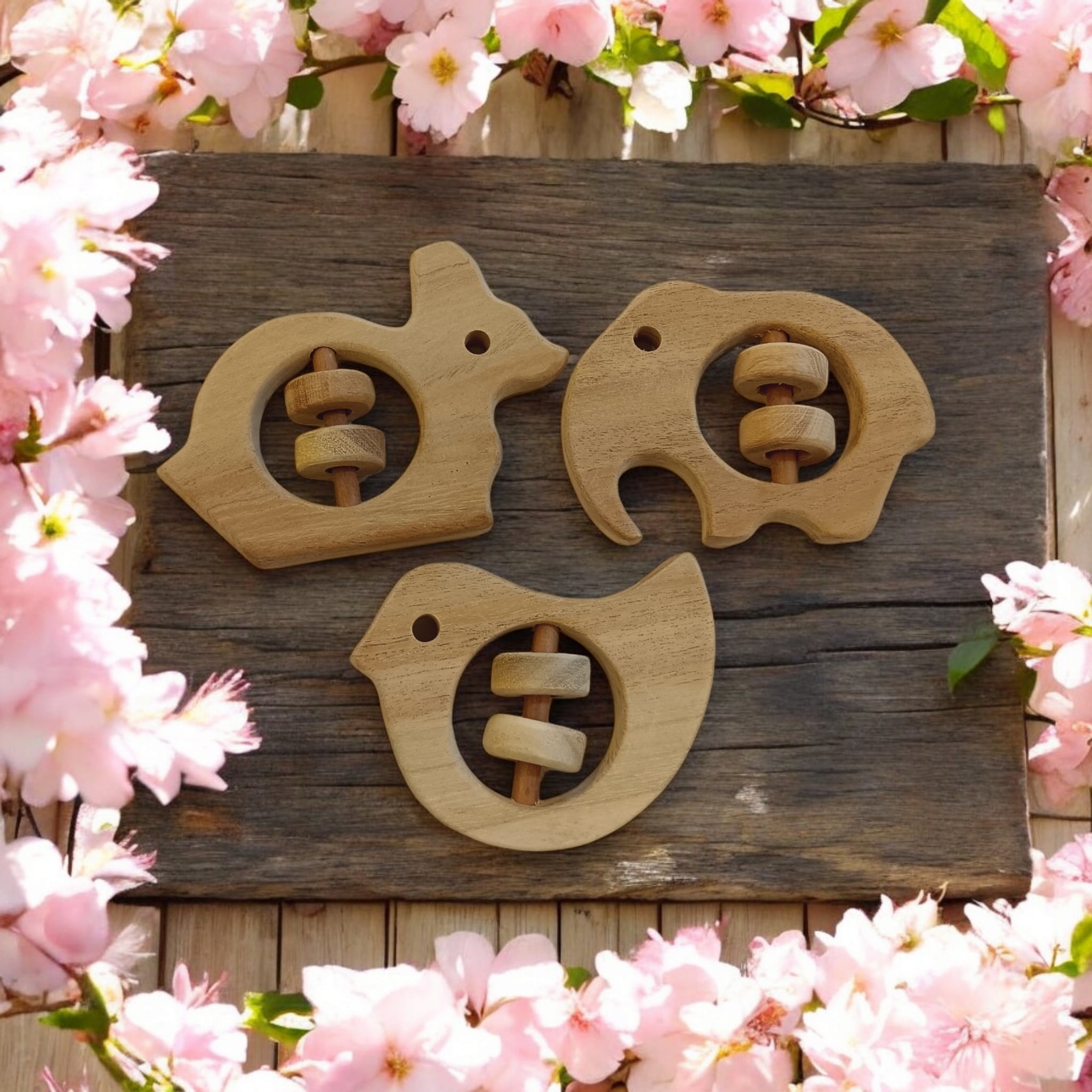 Anti-Bacterial Neem Wooden Rattles Set – Dove, Rabbit & Elephant | Natural Baby Toys (0–3 Years)