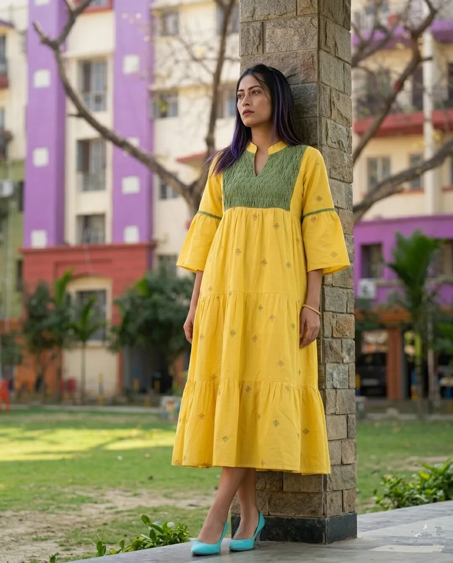 ARIA - Yellow and Olive Green Jamdani cotton A-line midi dress.