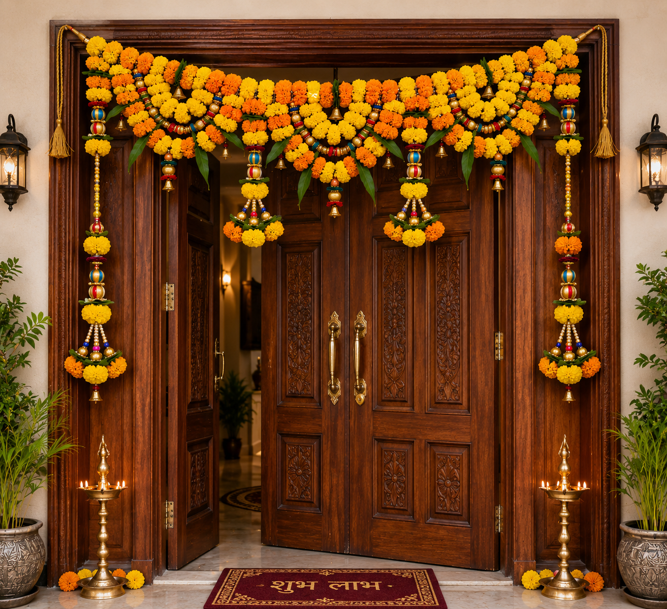 Artificial Marigold Flower Toran & Side Latkan Combo Set – Yellow Orange Indian Door Hanging Garland for Diwali, Wedding & Puja Decor