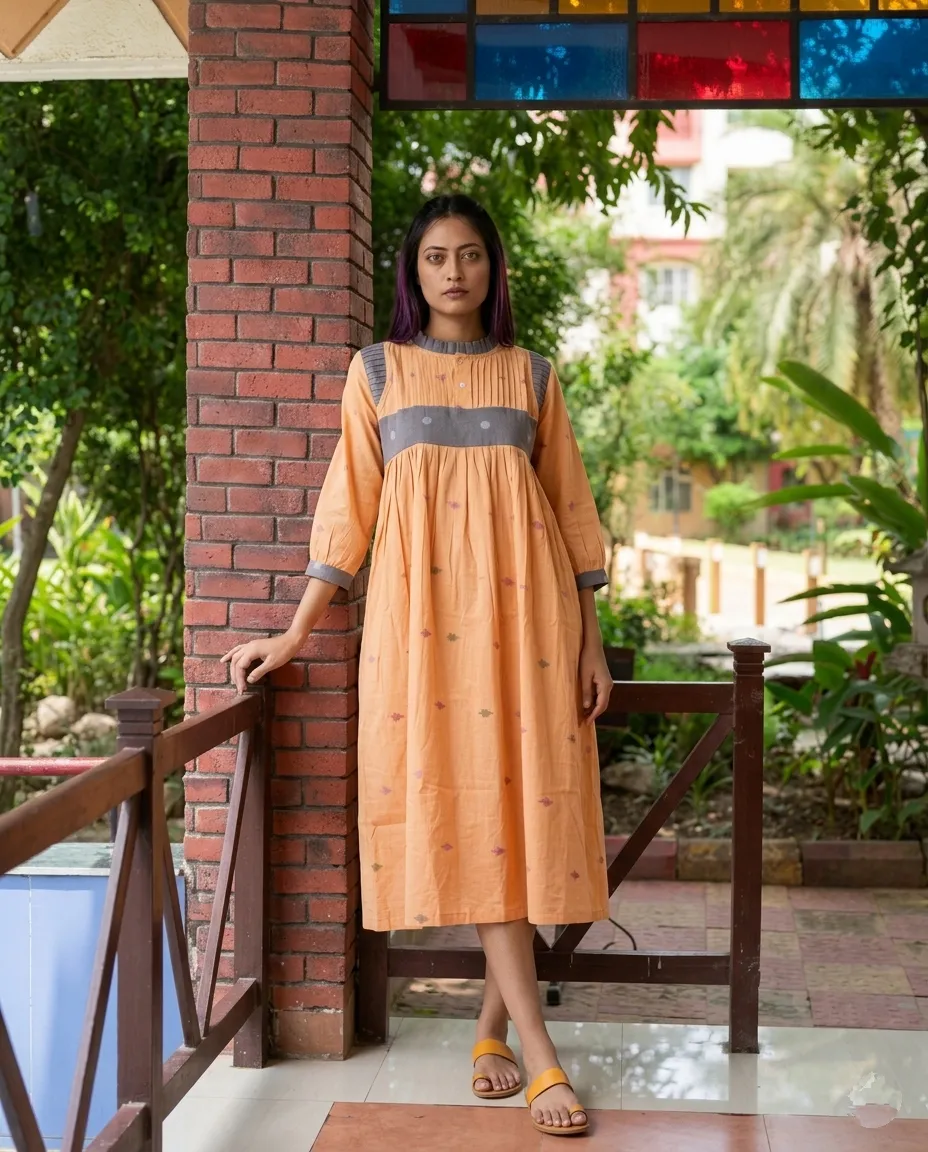 AURA - Orange and Grey Jamdani cotton A-line midi dress.