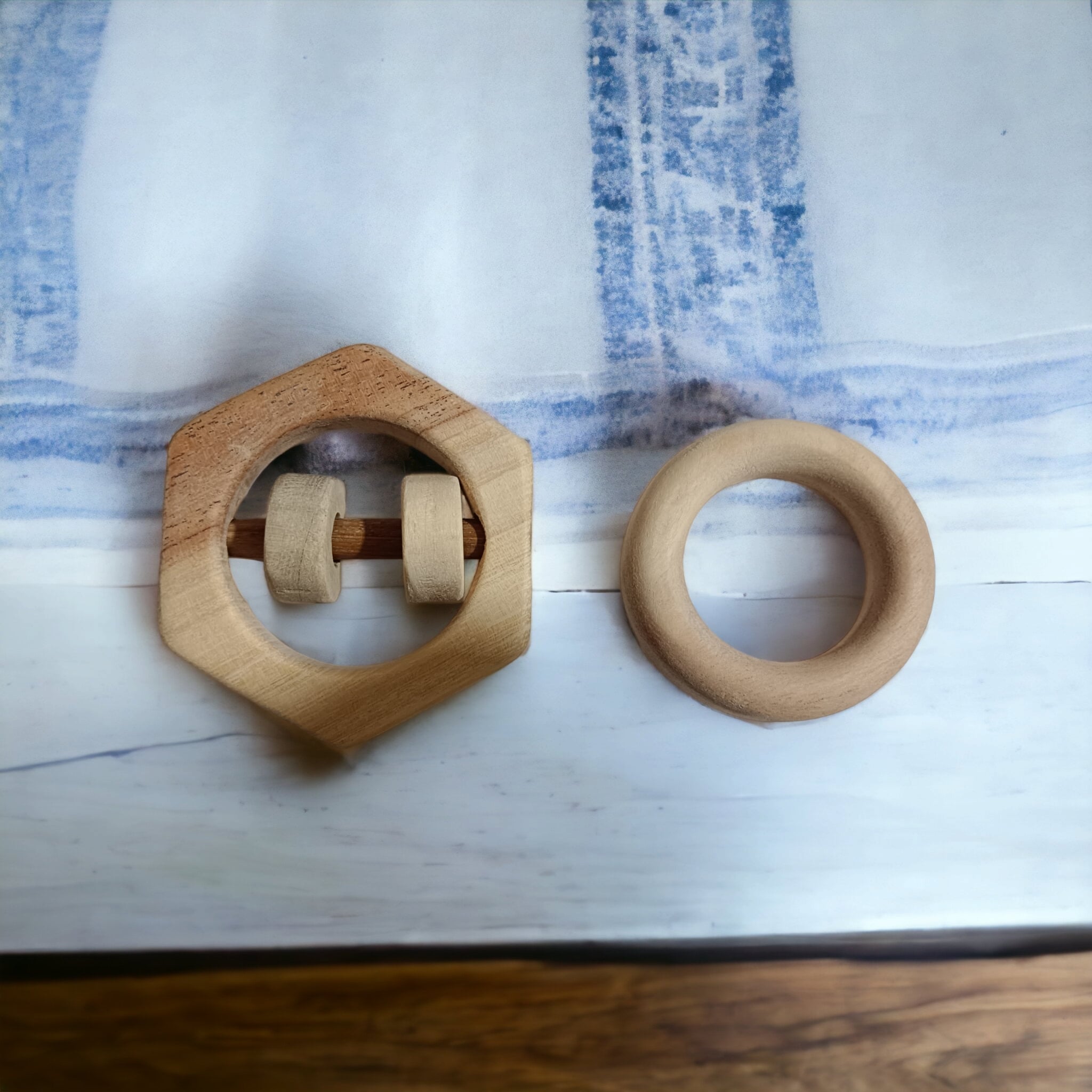 Neem Wooden Rattle & Teether Set – Hexagon & Ring Shapes | Natural Antibacterial Baby Toy