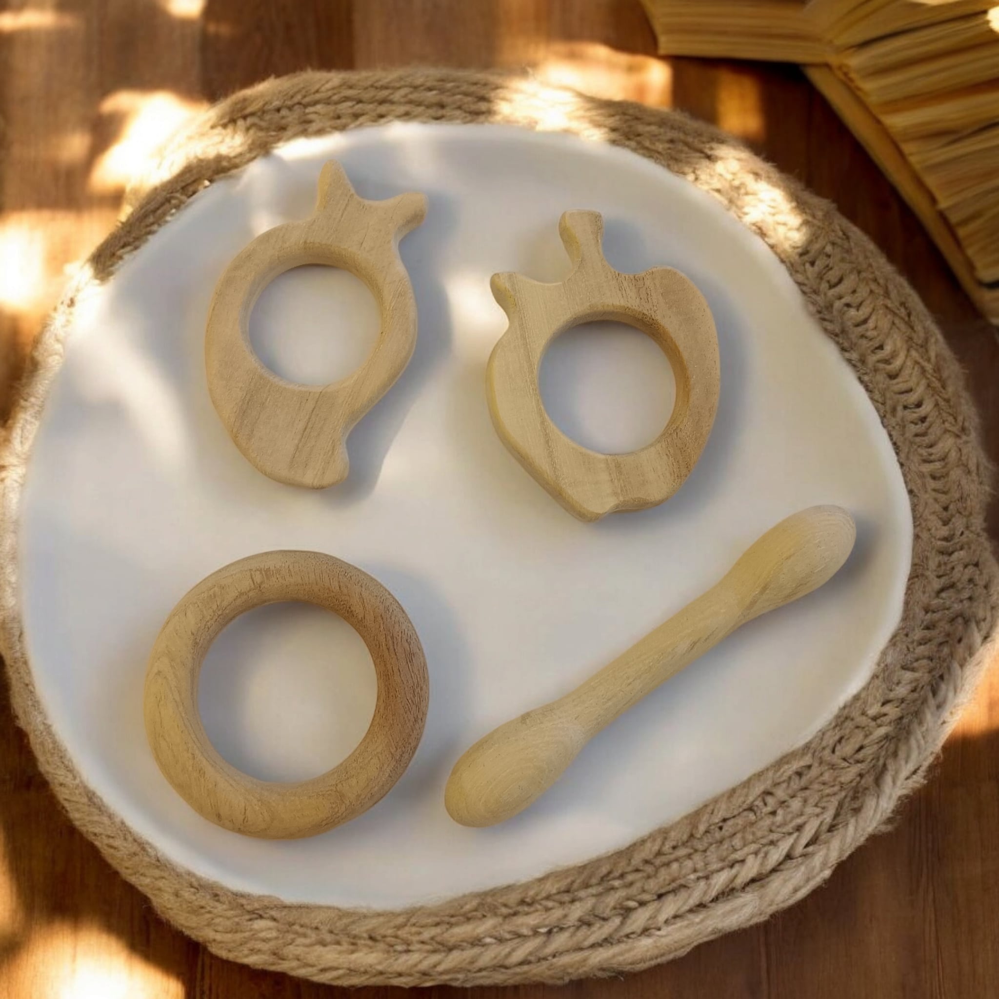 Baby Neem Wooden Teether Set (Apple, Mango, Dumbbell, Ring) | Natural & Safe Teething Toys India