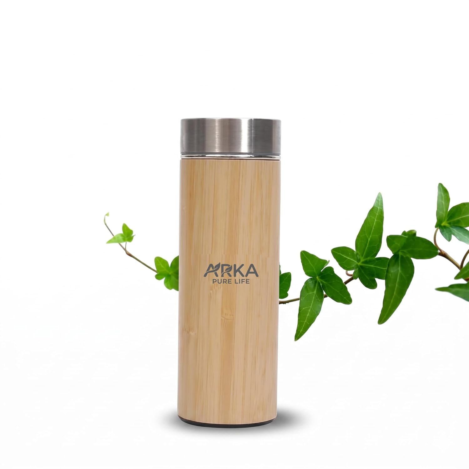 Arka Pure Life Bamboo Water Bottle with Tea Infuser (450ml) – Vacuum Insulated Stainless Steel Thermos – Reusable Eco-Friendly Travel Mug for Hot & Cold Drinks – BPA Free & Leak-Proof