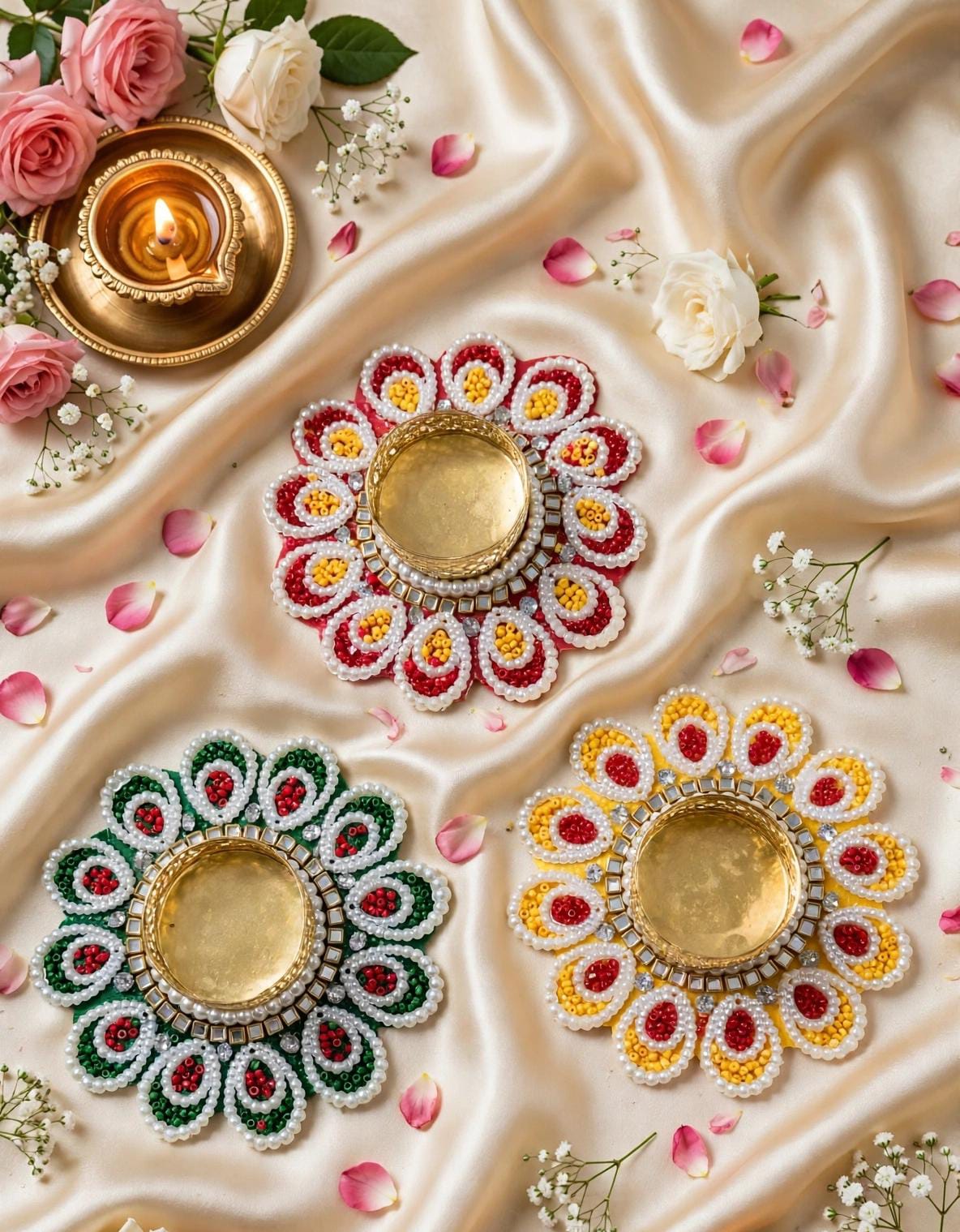 Beaded Floral Diya Holder Set
