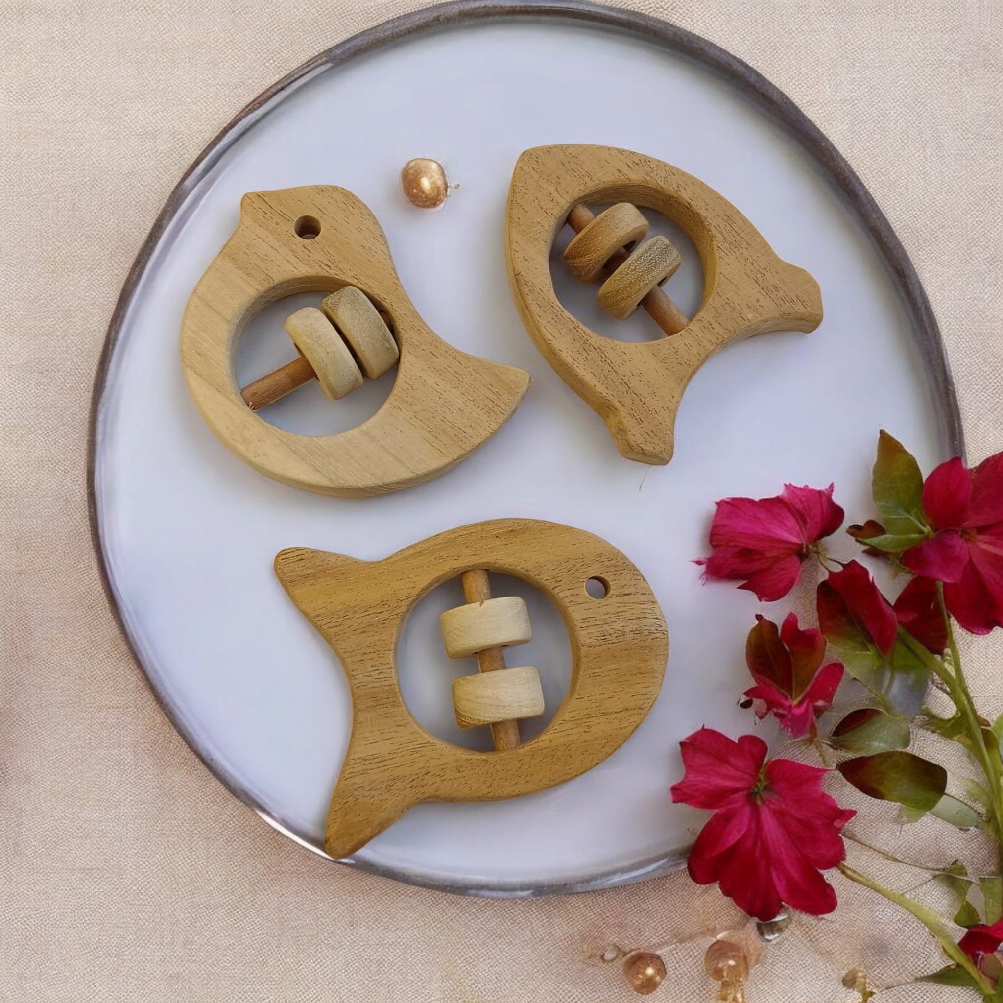 Beautiful Rattle Toys - Dove, Fish & Rocket Shapes - From Pure Neem Wood