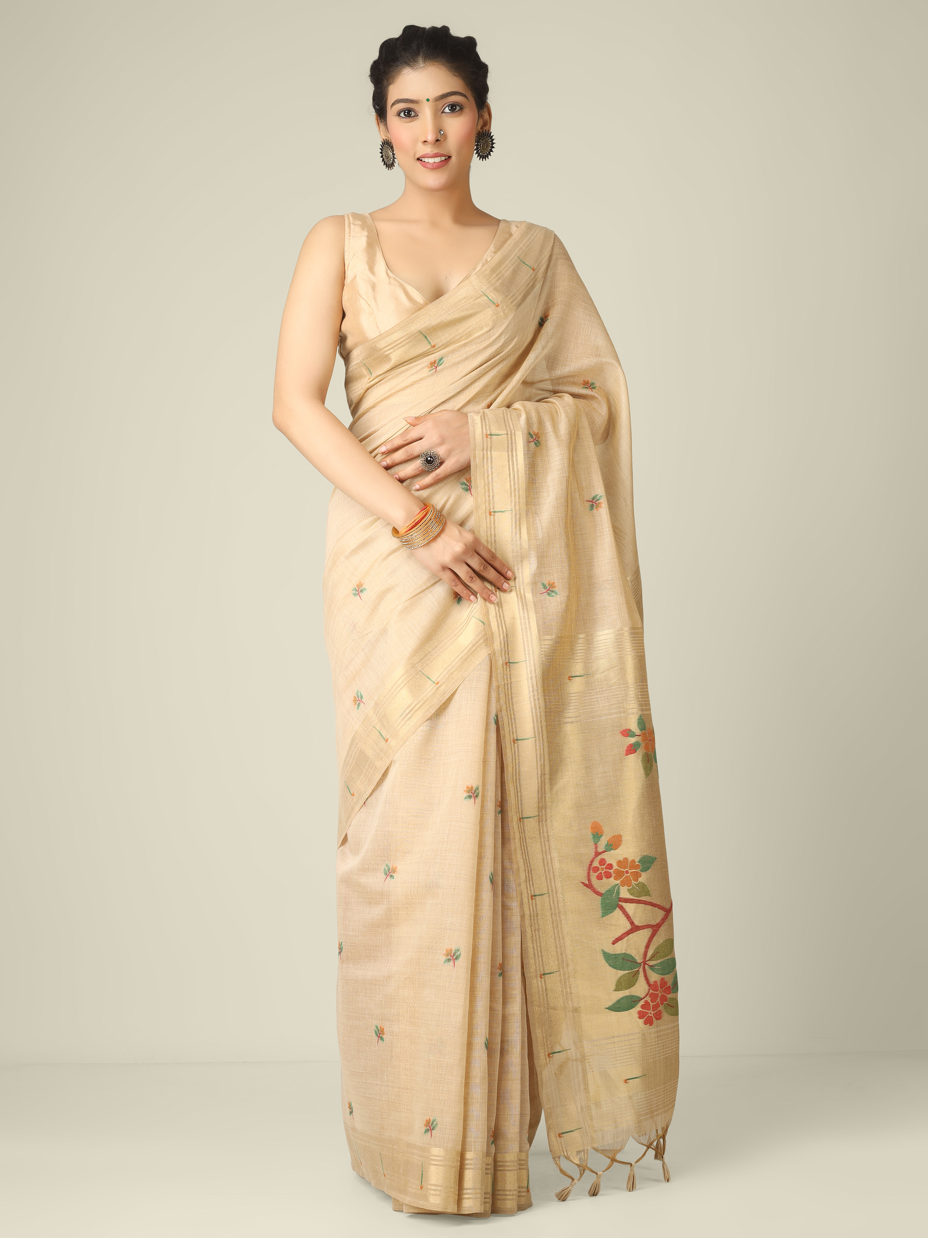 Beige Munga silk zari woven saree