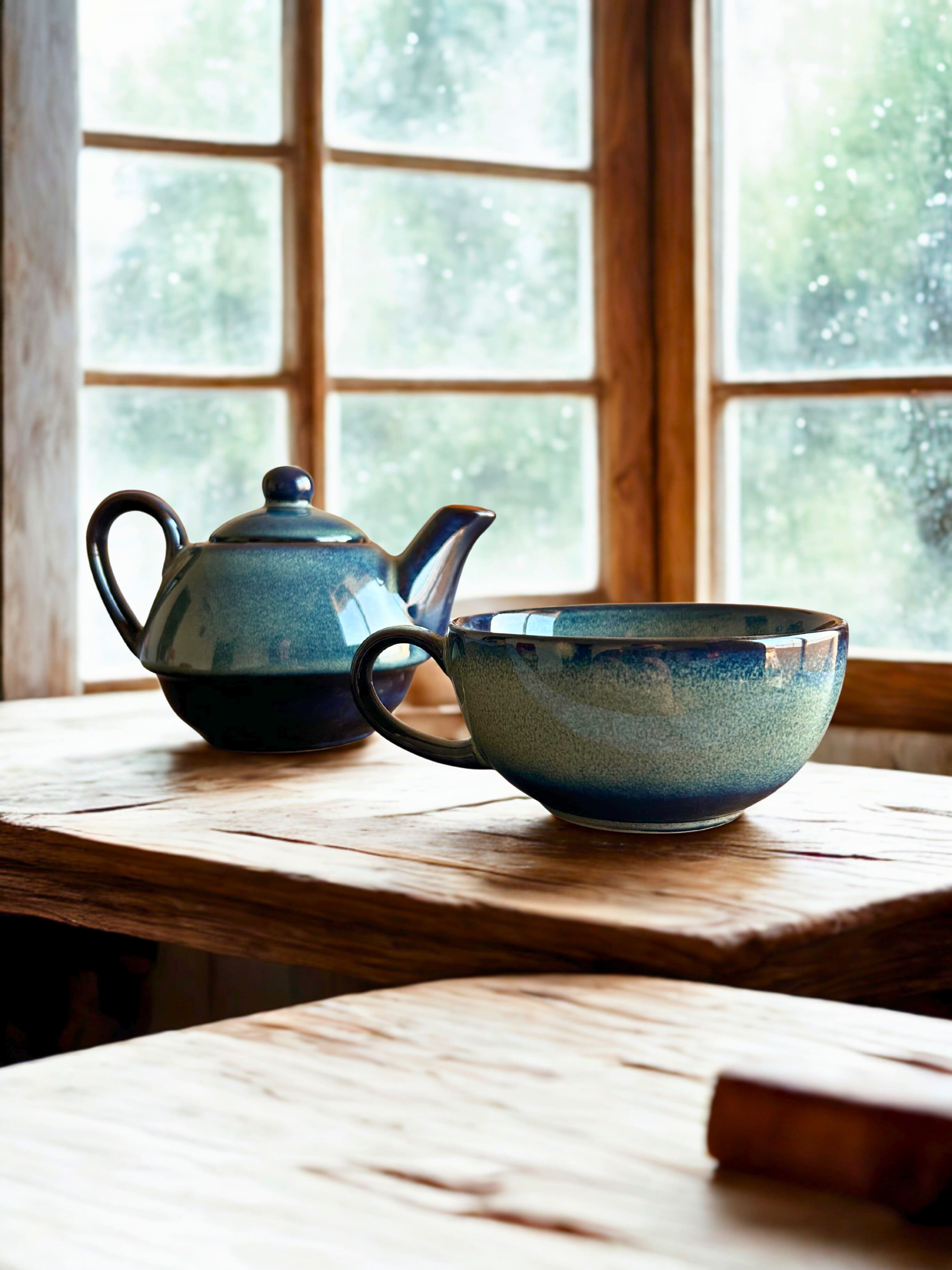 Blue Ocean Handmade Ceramic Tea for One Set | Rustic Teapot & Oversized Mug Online India