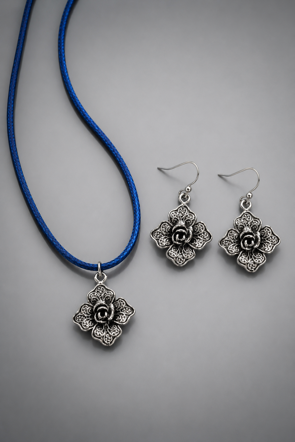 Blue Wax cord with Antique Silver Rose Pendant necklace set
