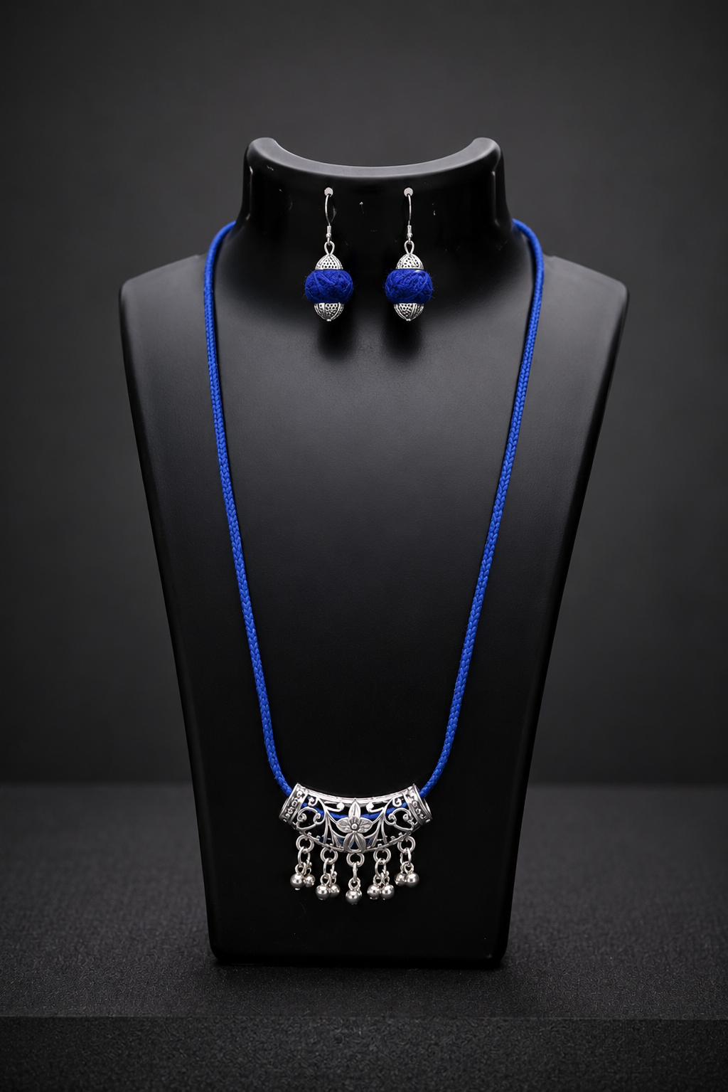 Blue Wax cord with oxidised Silver Pendant necklace set