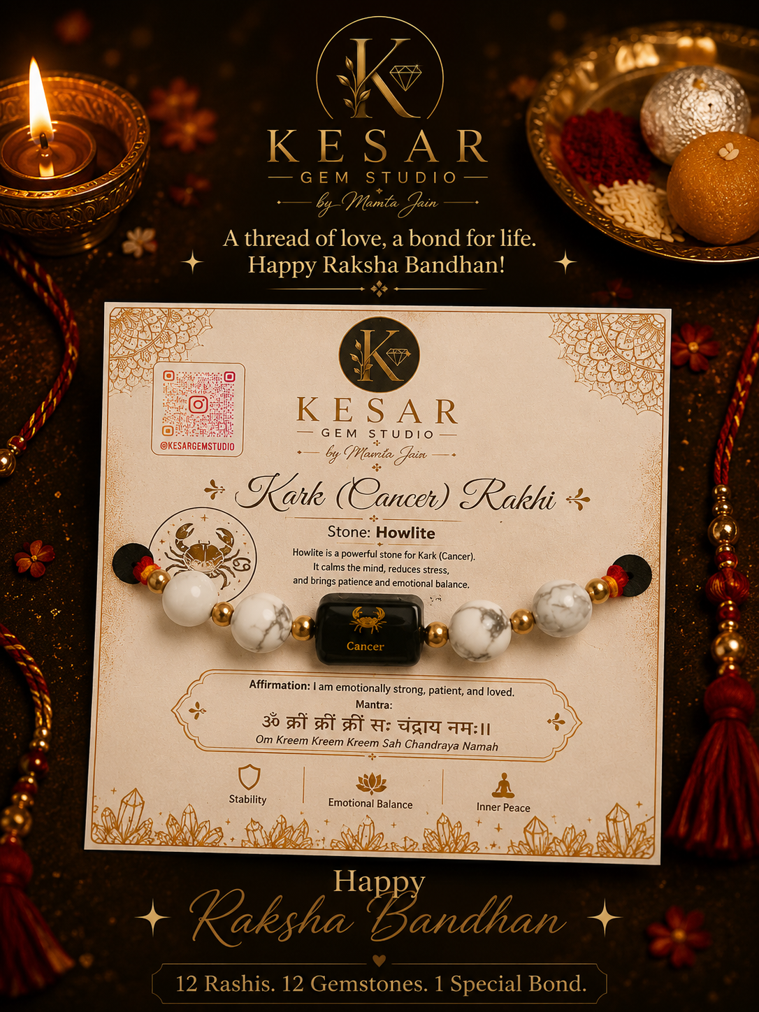 Cancer Rashi Rakhi – Natural Howlite Gemstone Rakhi | Handmade Raksha Bandhan Gift