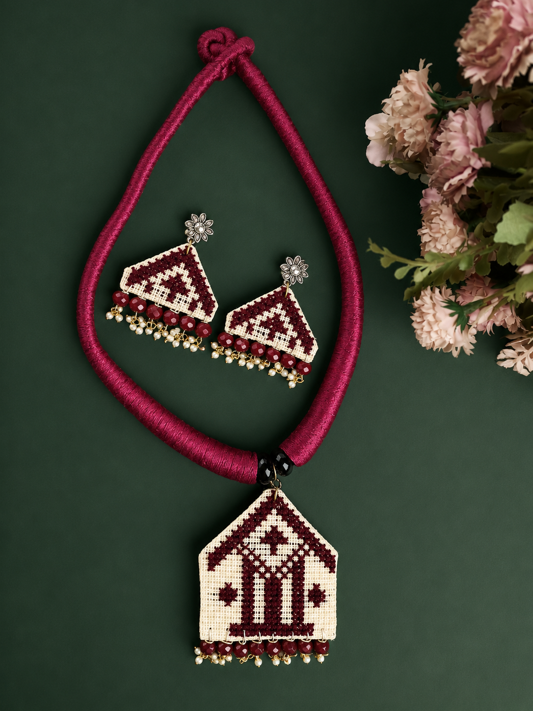 Cross stitch necklace set Maroon