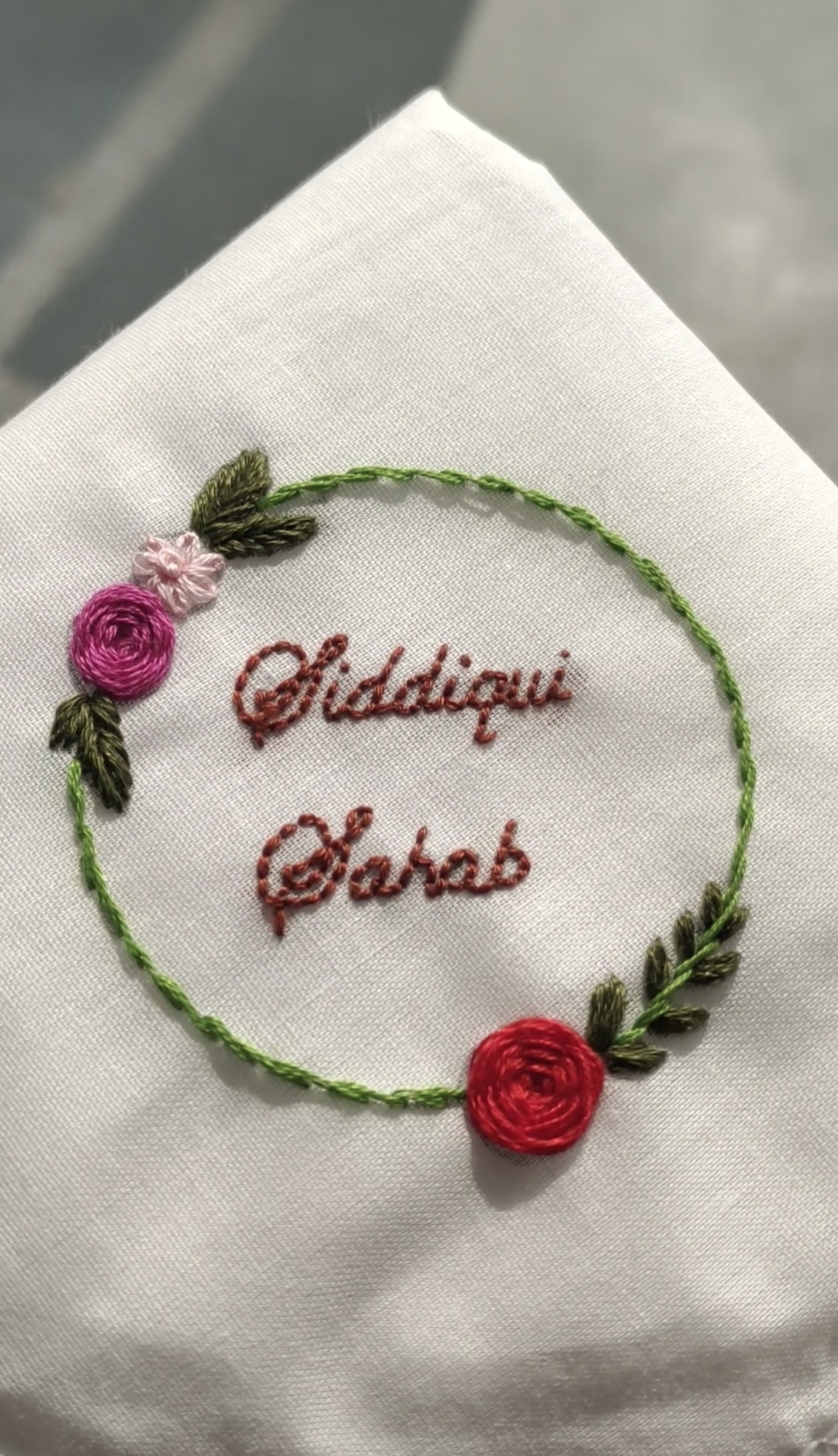 Custom Hand-Embroidered Handkerchief | Personalized Name Hanky with Floral Wreath | Bespoke Keepsake Gift