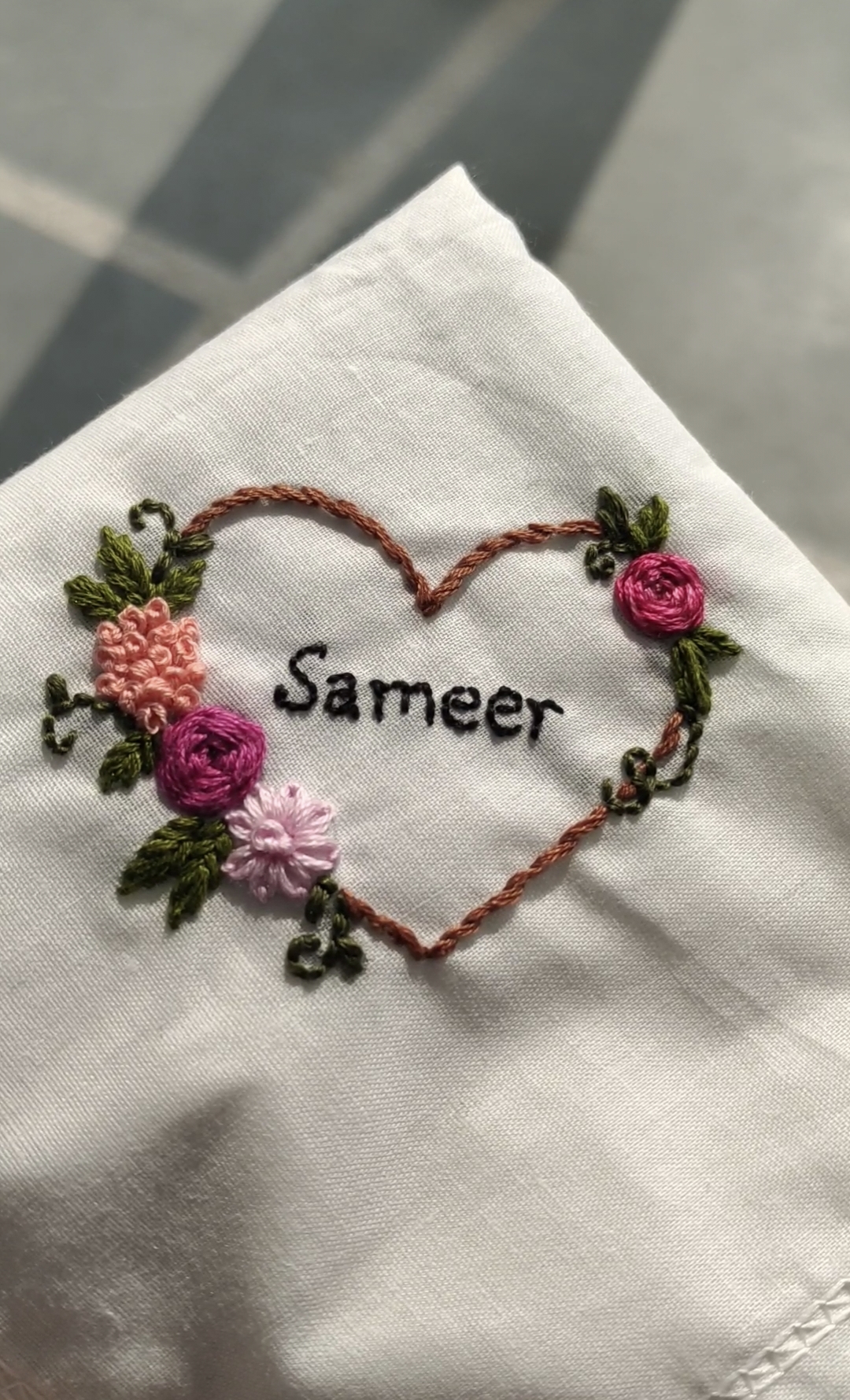 Custom Name Hand-Embroidered Handkerchief | Personalized Floral Heart Hanky | Gift for Him or Her