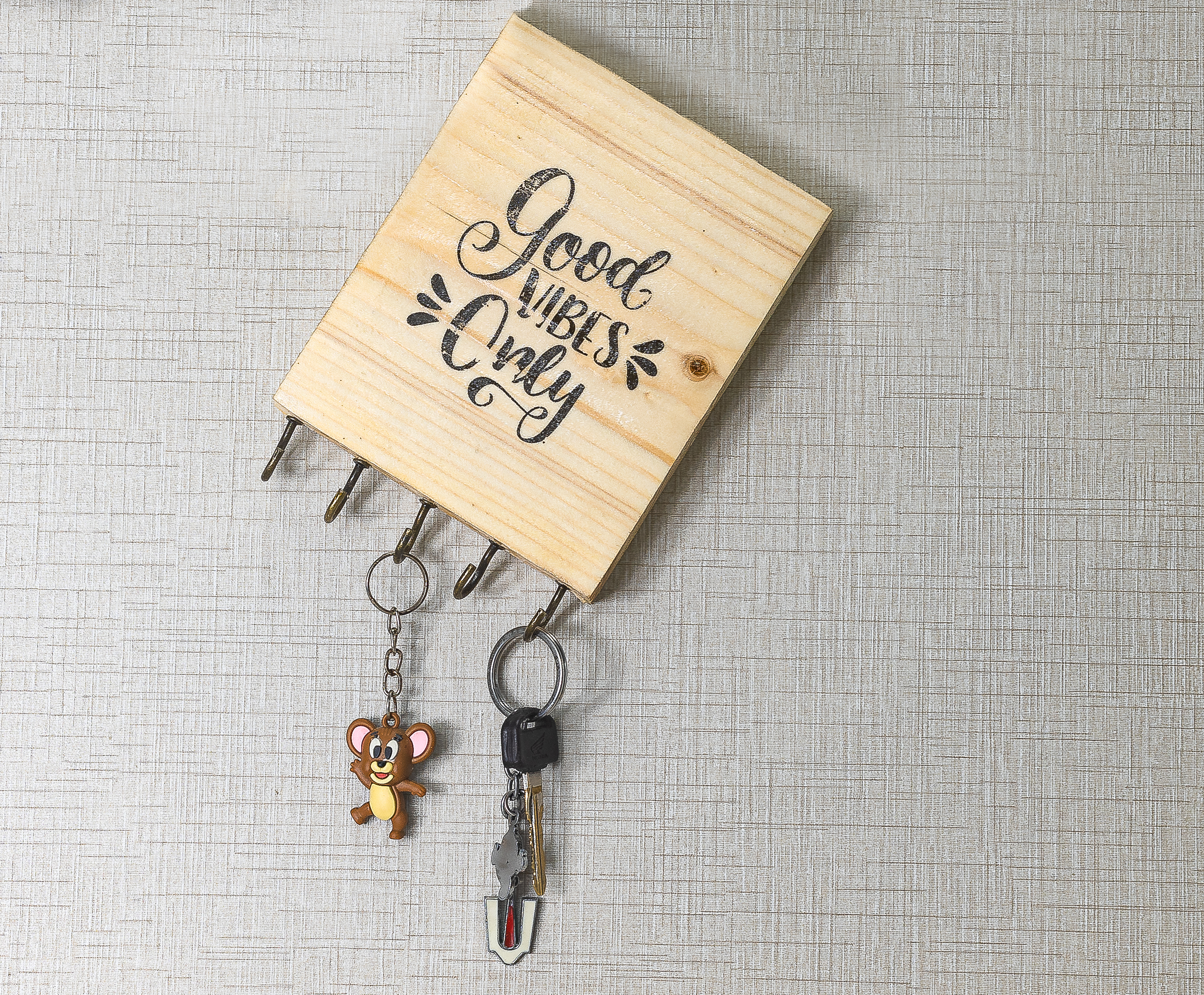 Custom Printed Wooden Key Holder Good Vibes Only | Handmade Wall Key Holder for Home