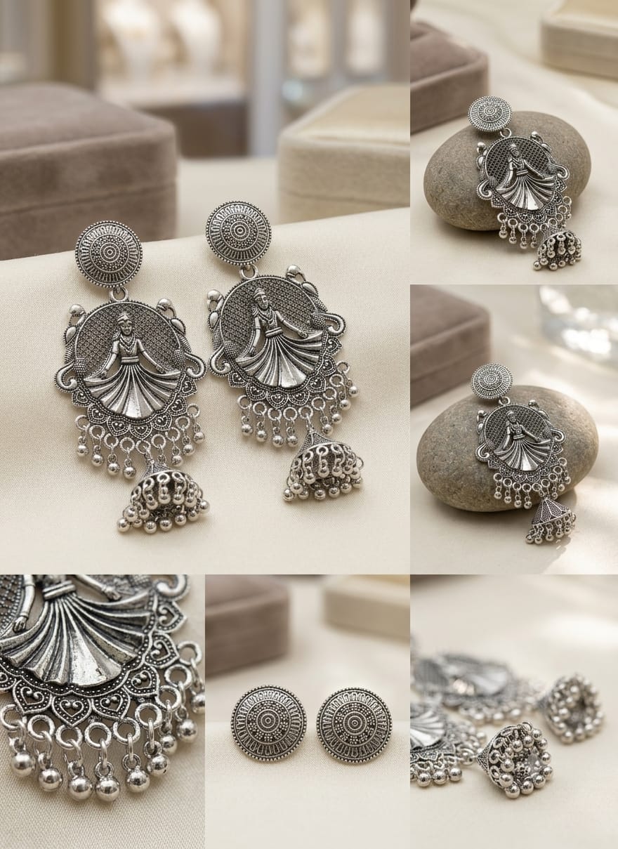Dancing Diva Oxidised Jhumka Earrings | Traditional Dancer Motif Statement Earrings for Women