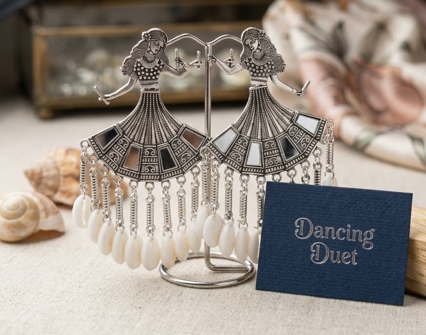 Dancing Duo Oxidised Statement Earrings with Cowrie Shells | Traditional Mirror Work Long Dangler Earrings