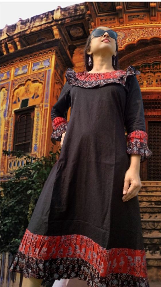 DANISHER -Three Quarter Sleeves and adorable Vintage Ruffled Neck Frilled Maxi Prairie Dress.