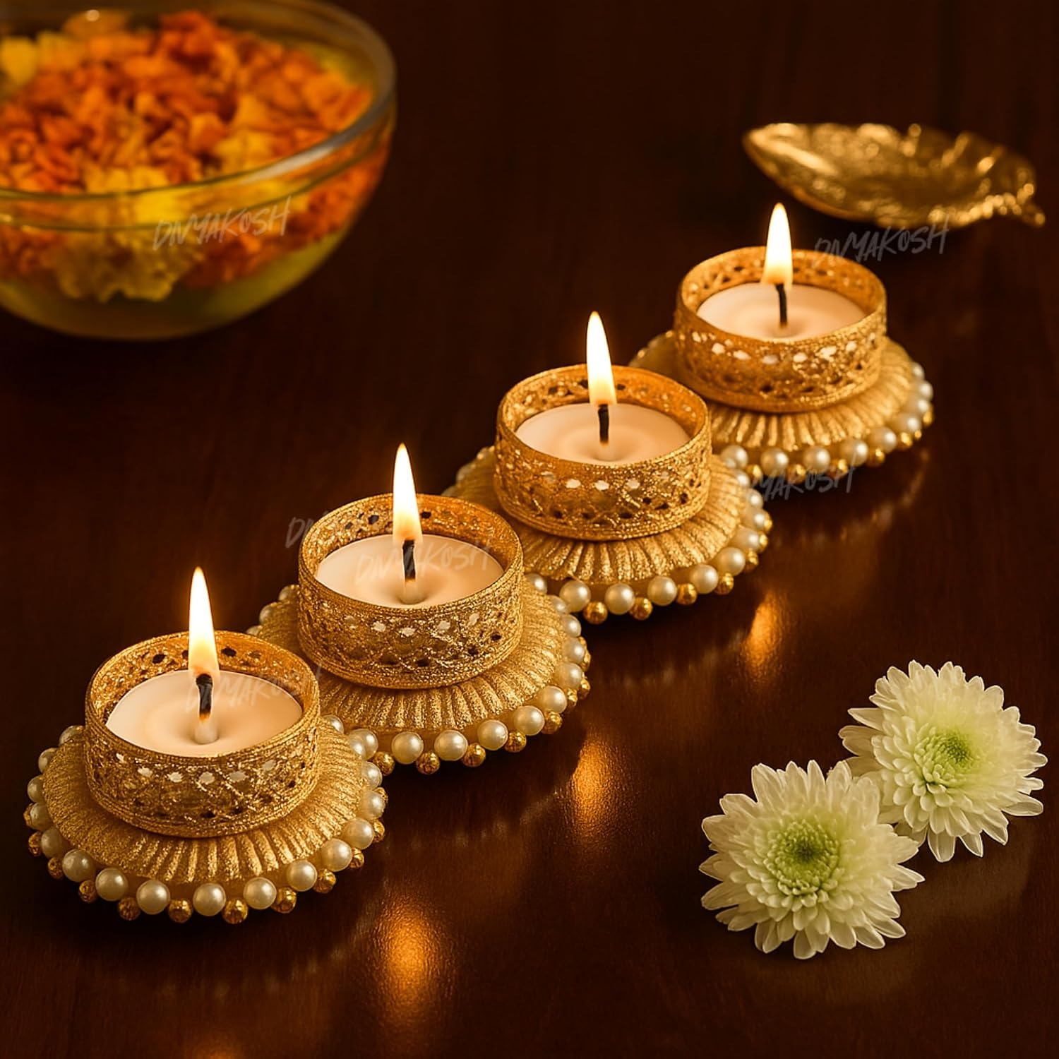 Decorative Gold Pearl Tealight Candle Holder Set of 4 including wax candle