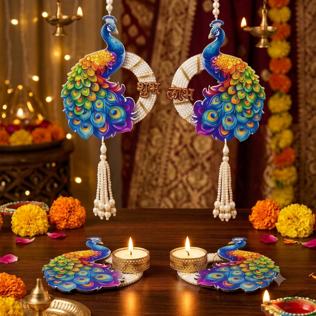 Decorative Peacock Shubh Labh Door Hanging and T-Light candle holder Set with Wax candle