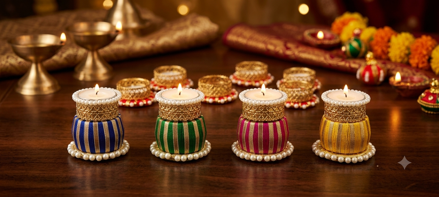 Decorative Pearl-Beaded Dumroo Tealight Candle Holder(Set of 4-Including wax candle)