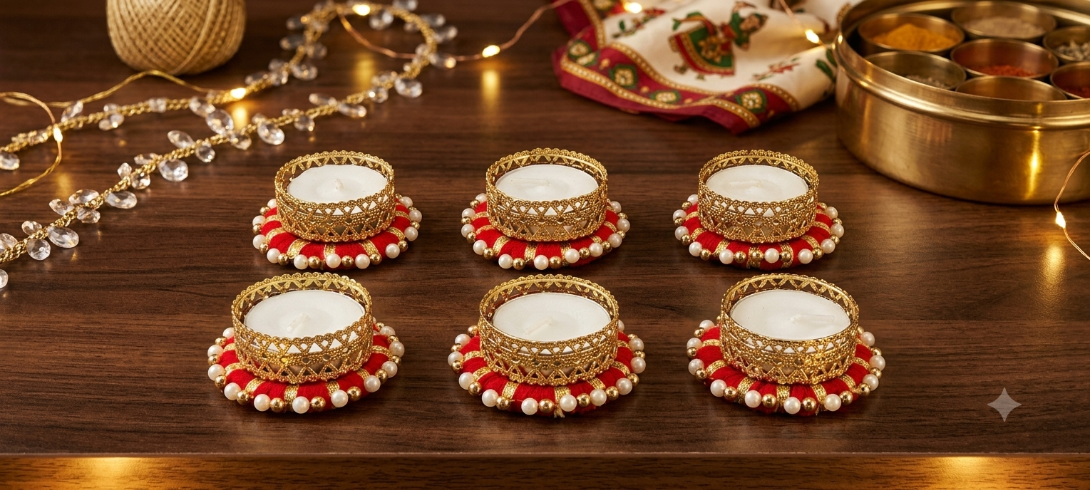Decorative Tealight Candle Holders Set of 6 with Red Pearl Base (Including wax candle)