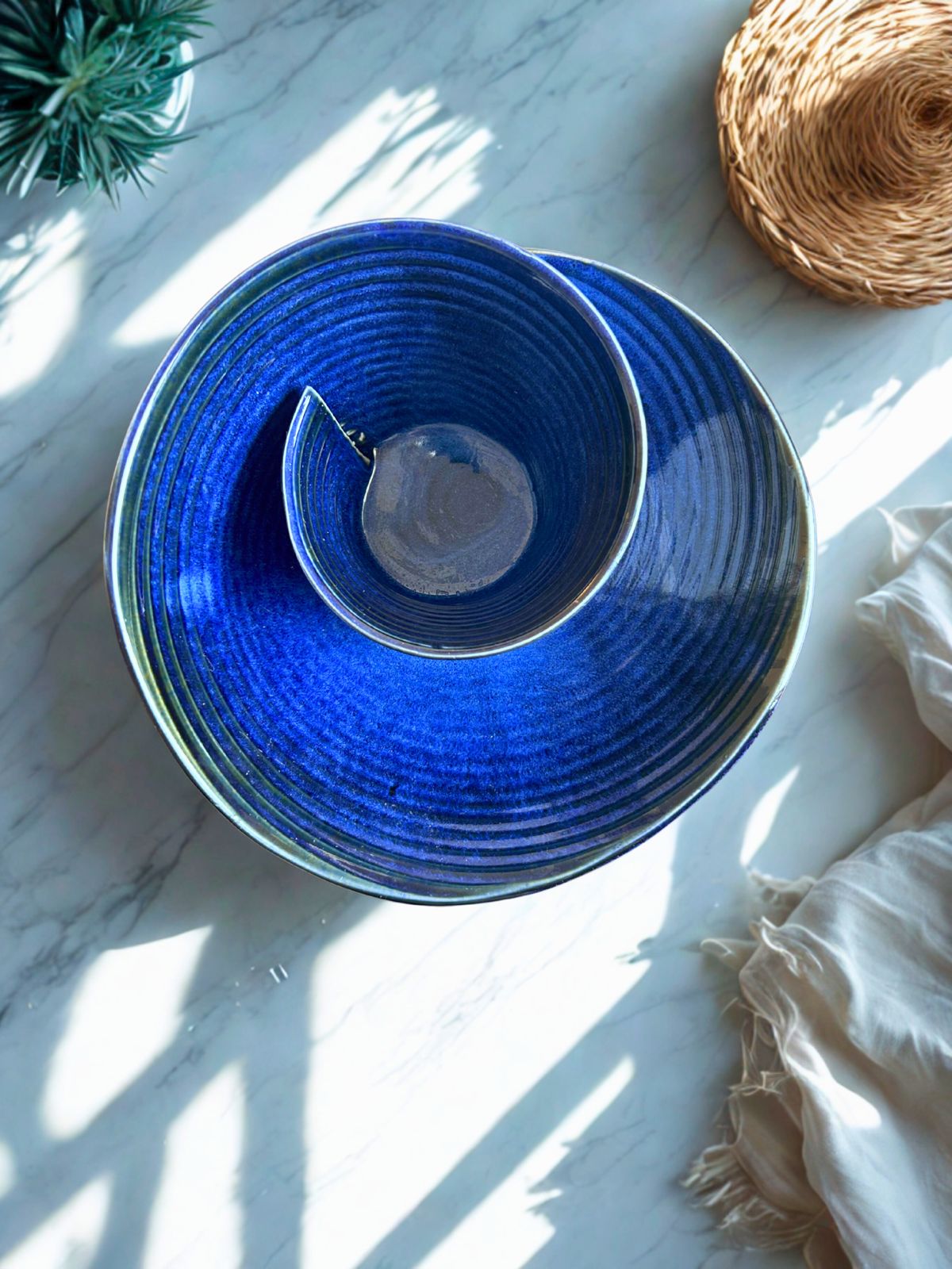 Deep Blue Ripple Bowl | Handcrafted Ceramic Serving Bowl Online India