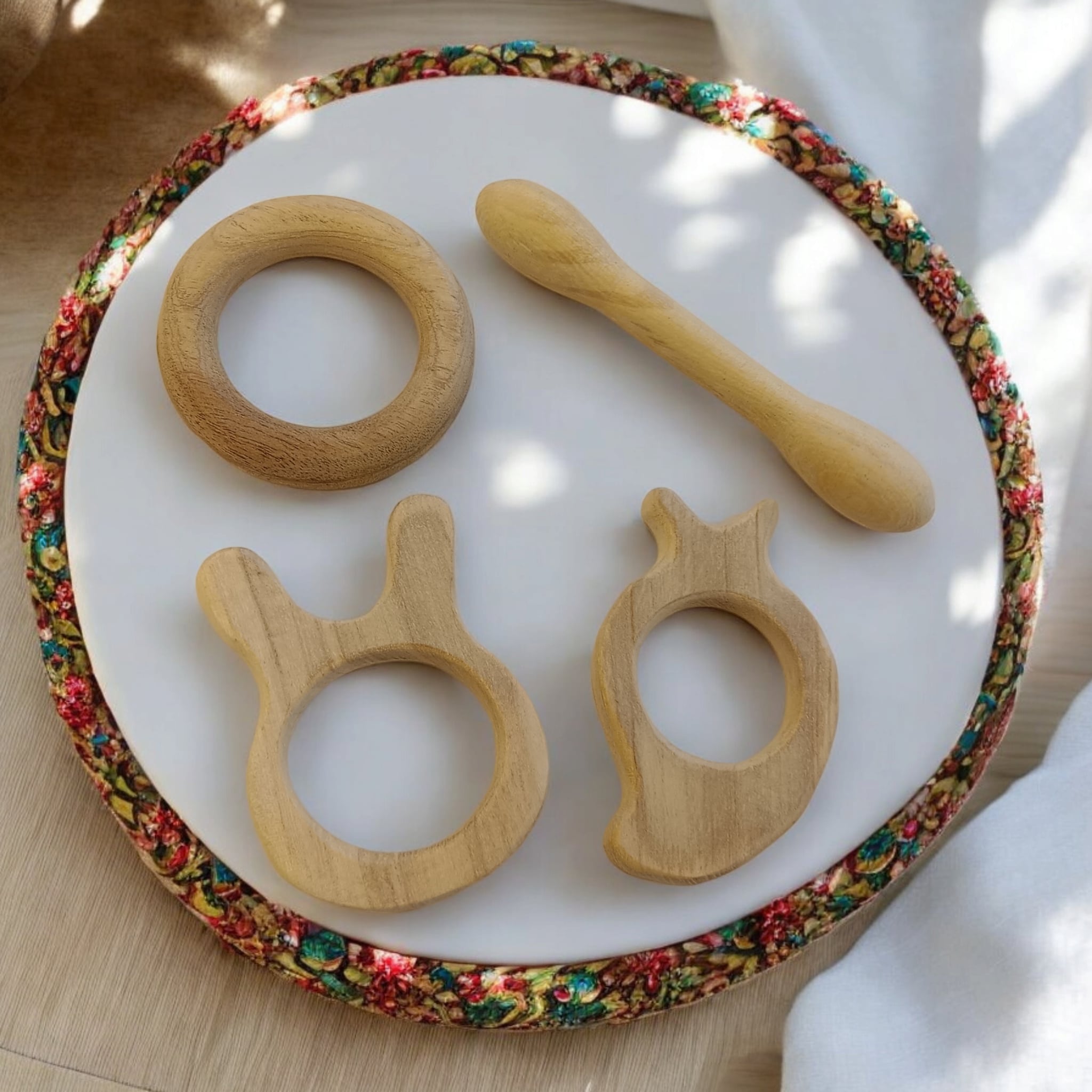 Neem Wood Baby Teethers Set – Dumbbell, Ring, Bunny & Mango Shapes | Natural & Safe