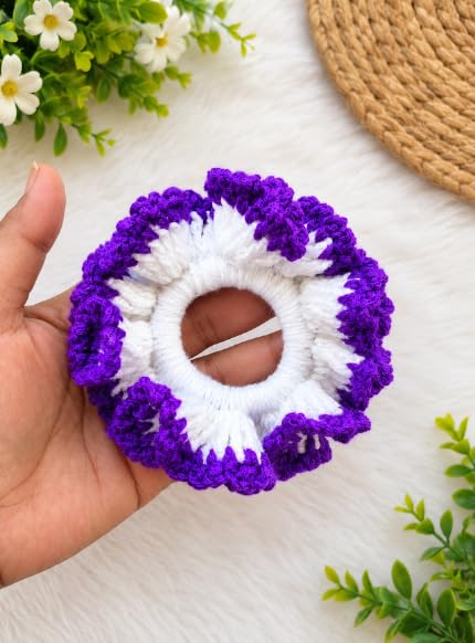 Divine Crafts Crochet Hair Scrunchie White and Purple, 1 Pc | Handmade Knitted, Floral Design, Soft Stretch Elastic, For Women & Girls, Ponytail &...