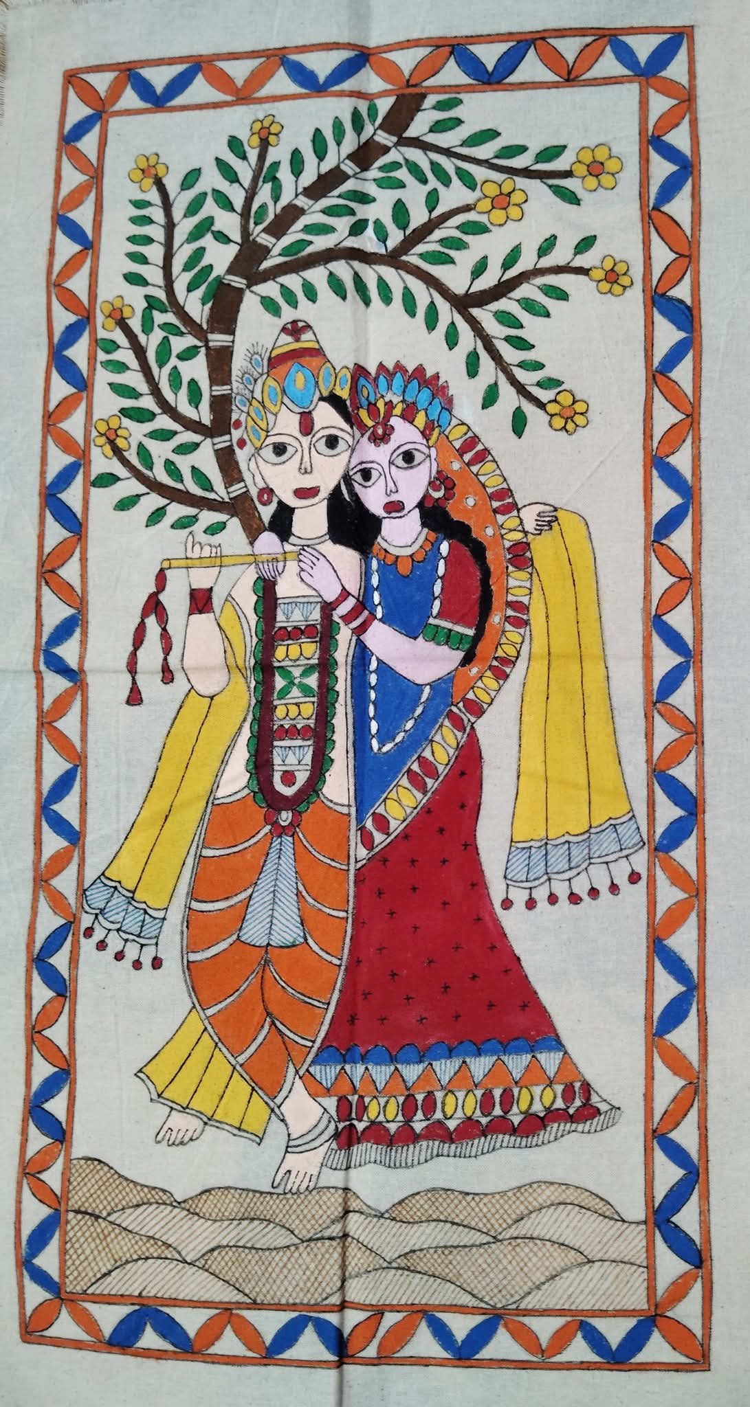 Divine Radha Krishna Handmade Madhubani Painting on Salita Cloth
