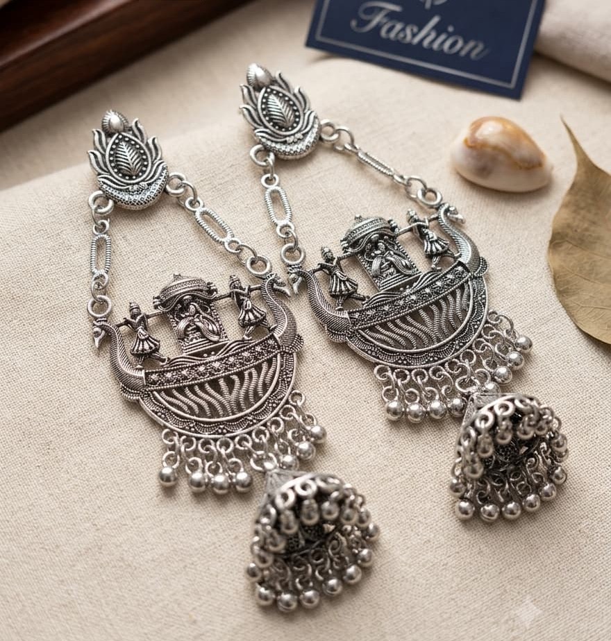 Divya Nritya Temple Oxidised Jhumka Earrings | Intricate Goddess & Peacock Dangler Jewellery