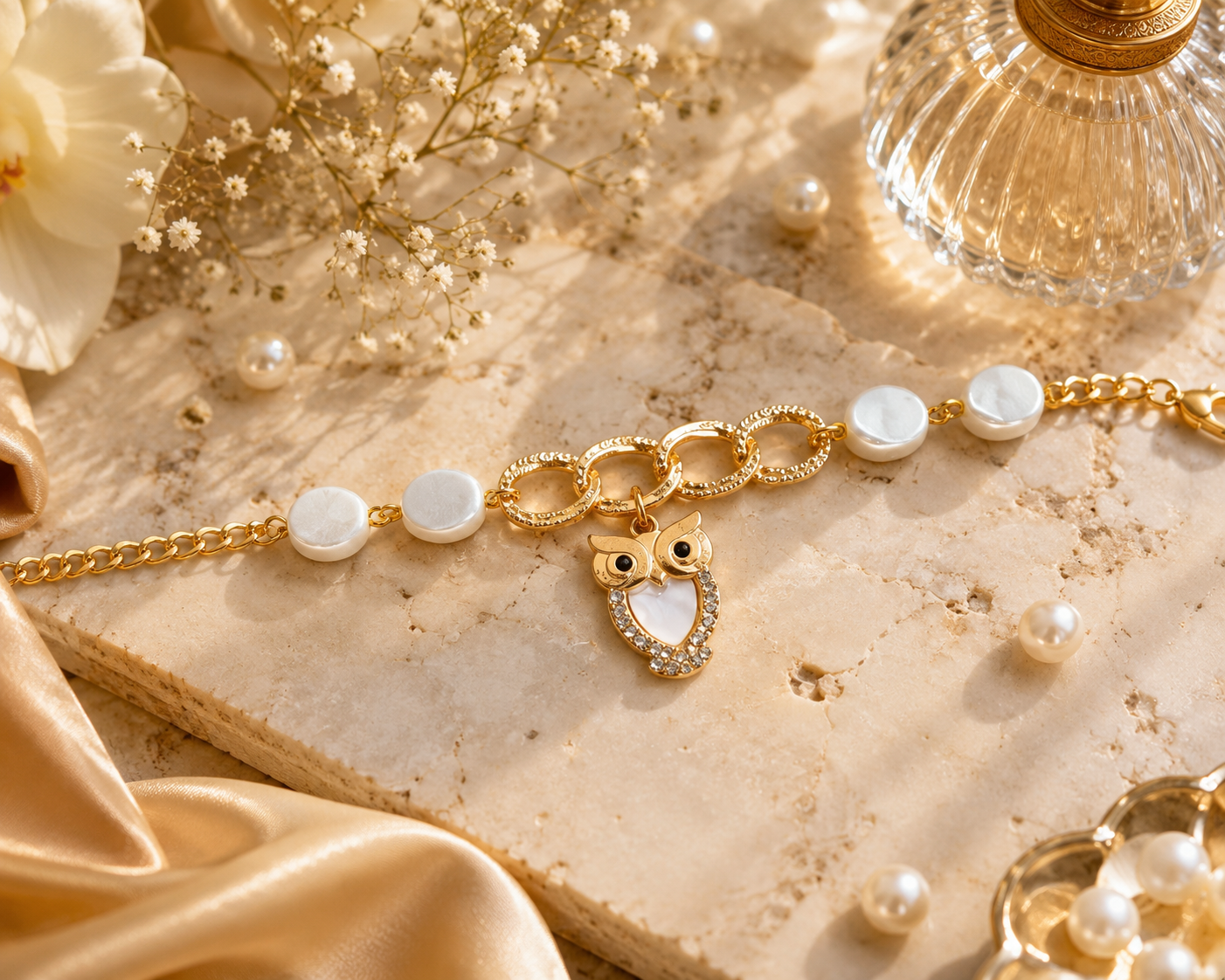 Elegant Pearl & Gold Charm Bracelet – Adjustable Handmade Bracelet