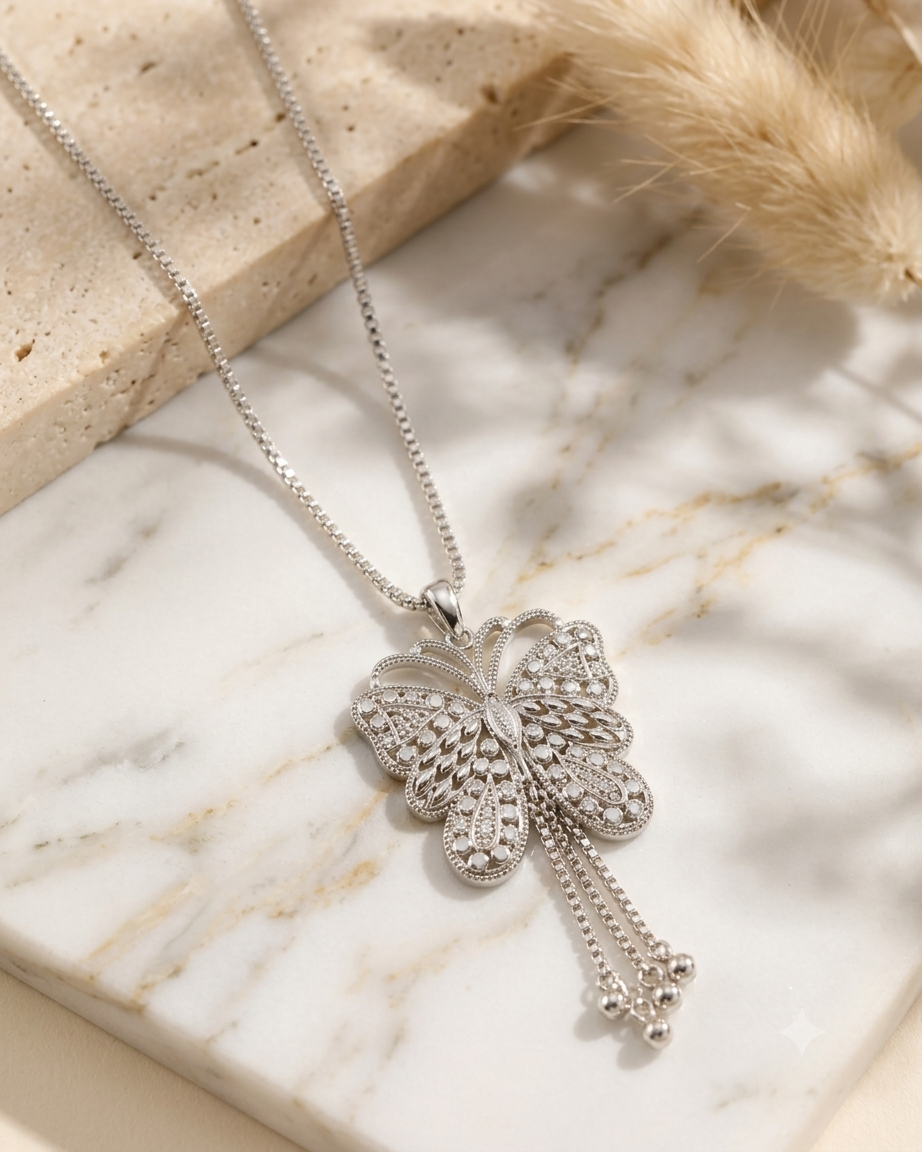 Elegant Silver-Tone Butterfly Pendant Necklace for Women & Girls | Stylish Party & Casual Wear Jewellery