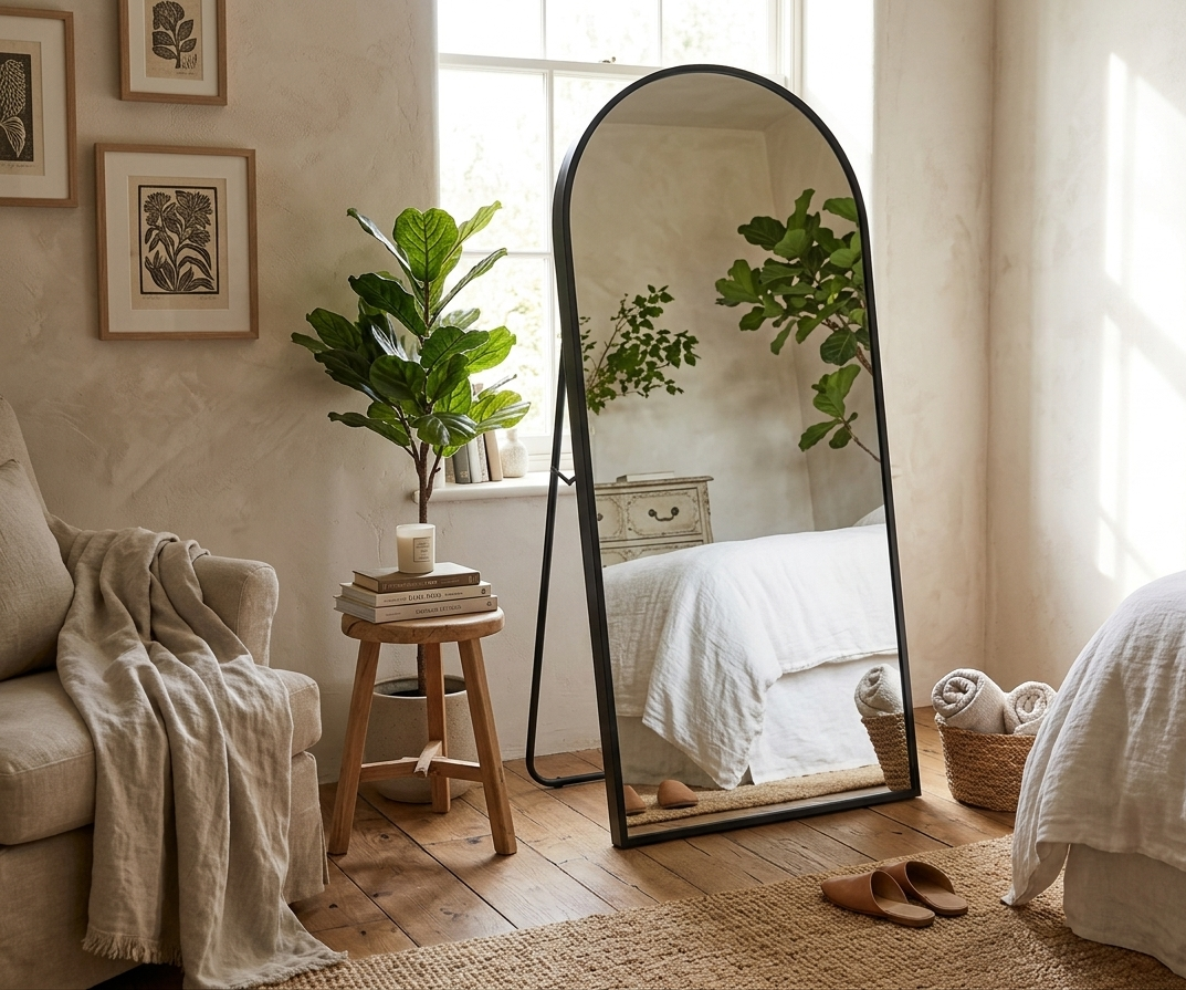 Ellehome Black Metal Arched Floor Mirror