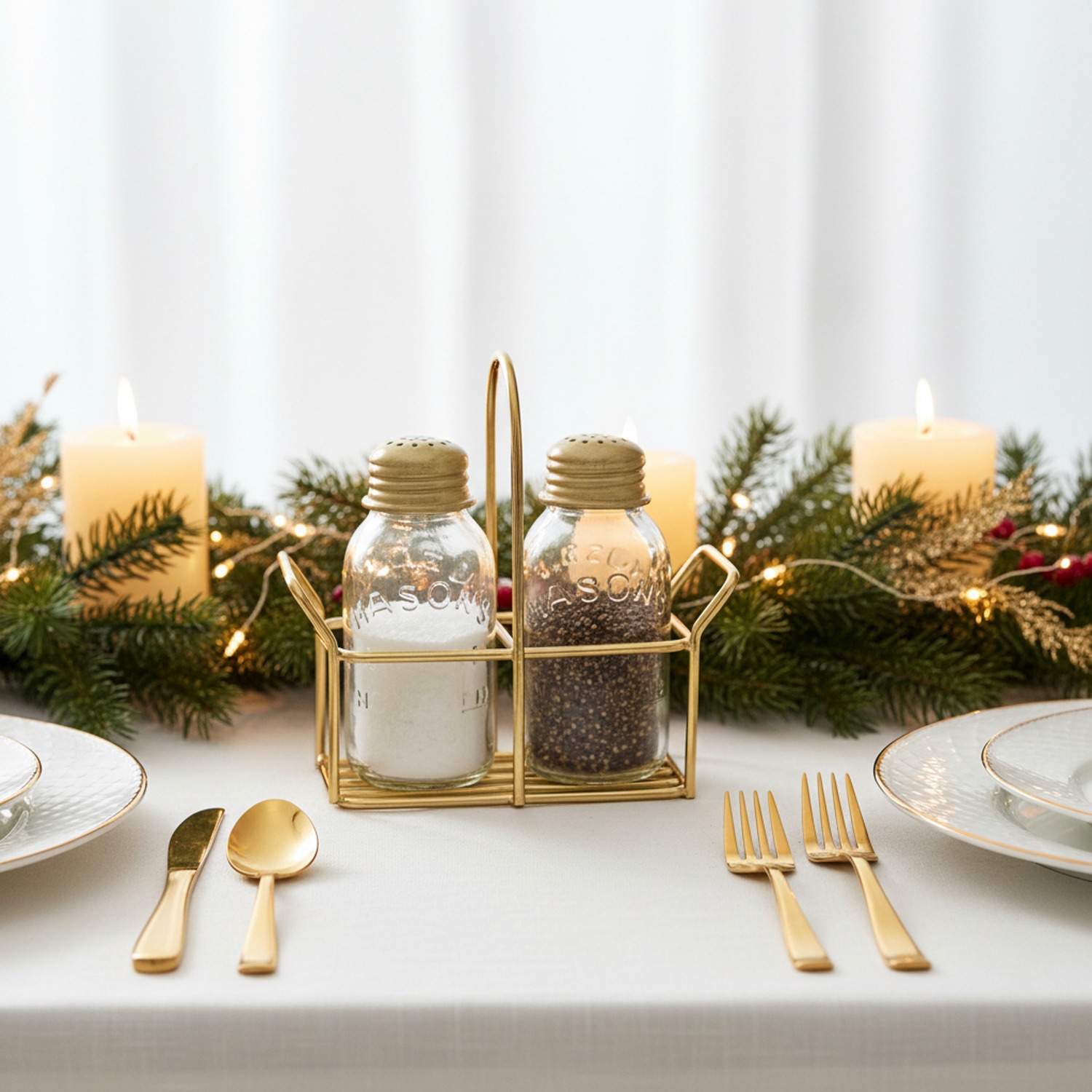 Ellehome Glass Salt and Pepper Set with Golden Iron Holder | 70ml Dining Table Shakers (Set of 2)