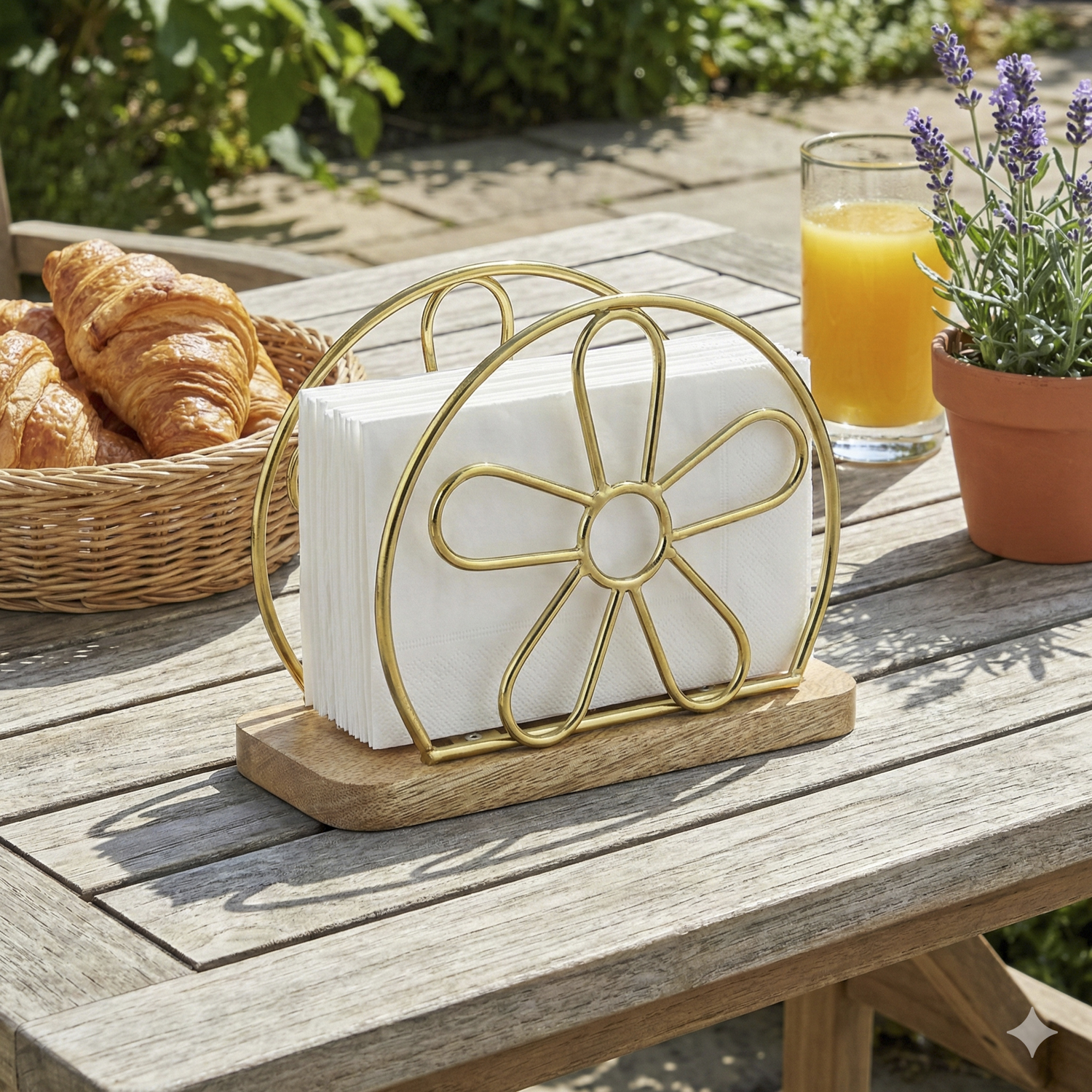 Ellehome Gold Metal Napkin Holder with Wooden Base Floral Design | Decorative Table Tissue Organizer