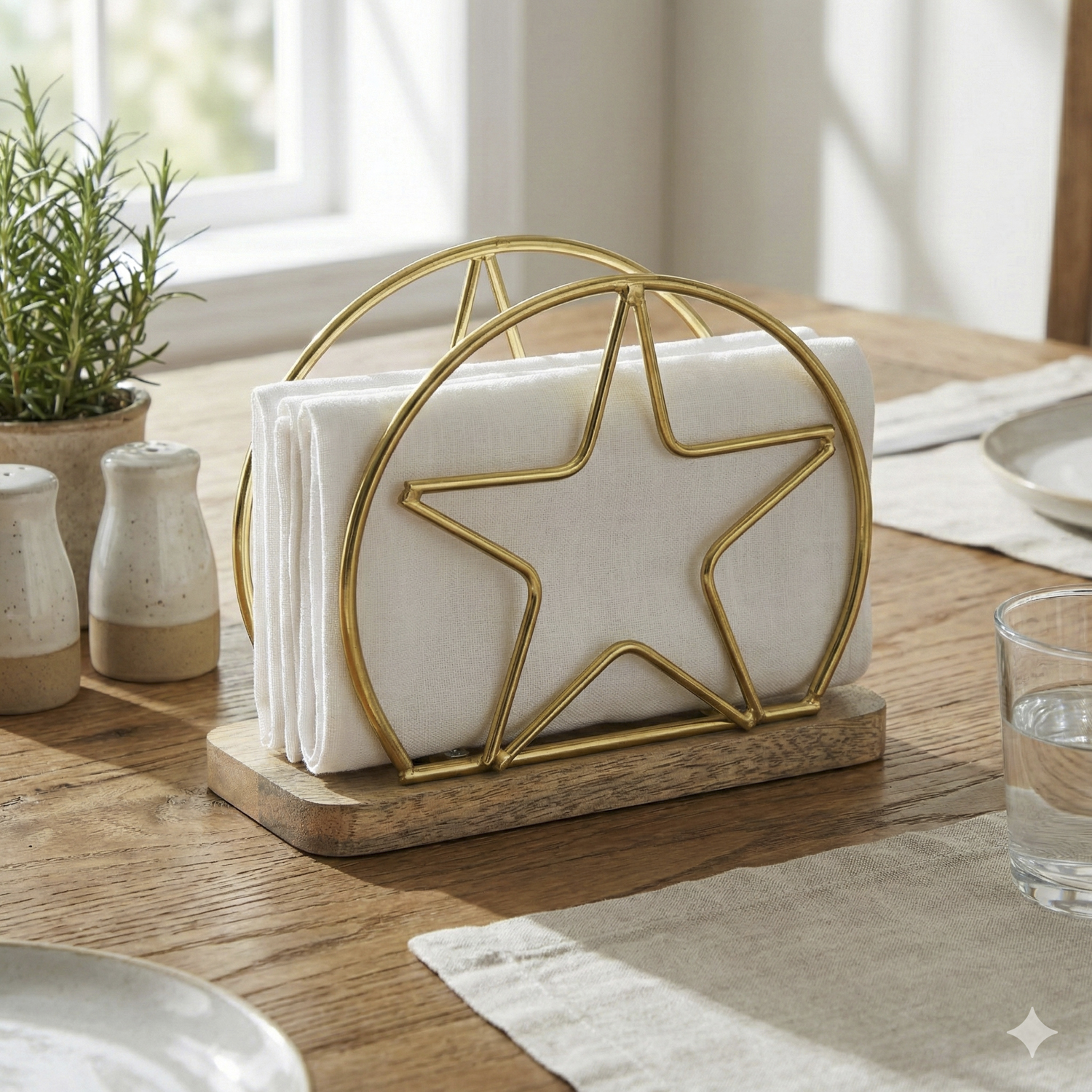 Ellehome Gold Plated Star Napkin Holder with Wooden Base | Decorative Tissue Holder for Dining Table