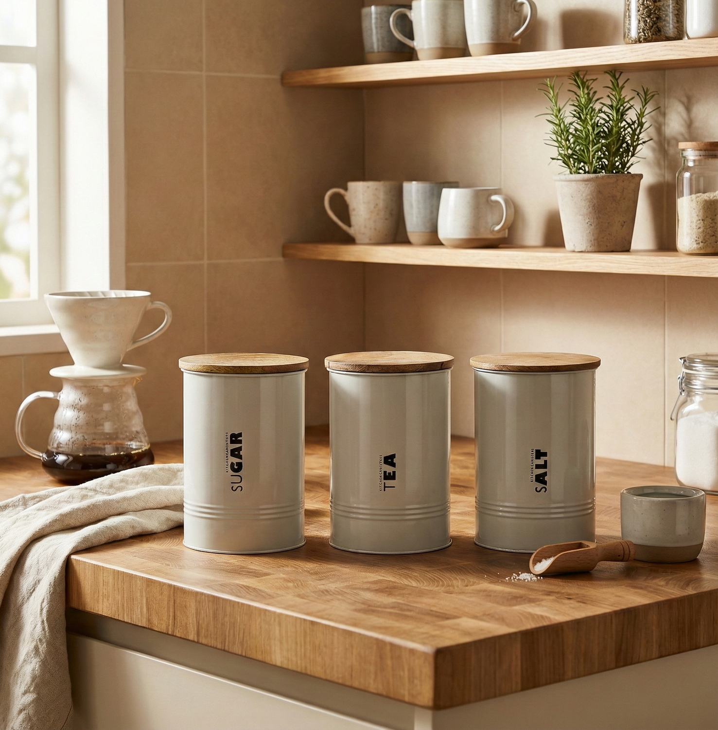 Ellehome Metal Kitchen Canisters Set of 3 | Airtight Tea Sugar Salt Storage Containers with Wooden Lid 1000ml Bluish Grey