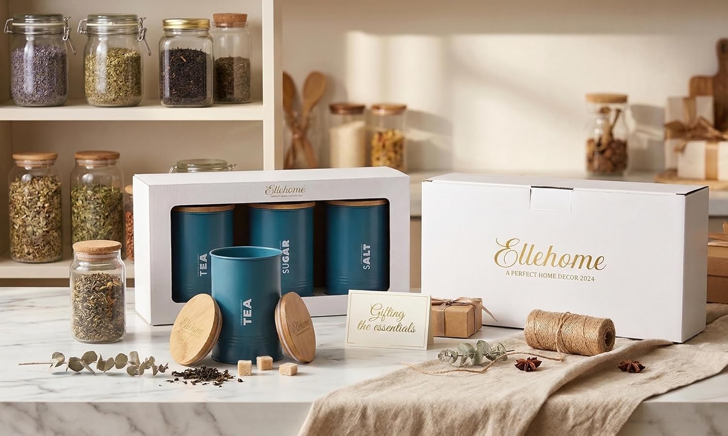 Ellehome Metal Kitchen Containers Set of 3 Blue | Airtight Tea Sugar Salt Storage Jars with Mango Wood Lid 1000ml