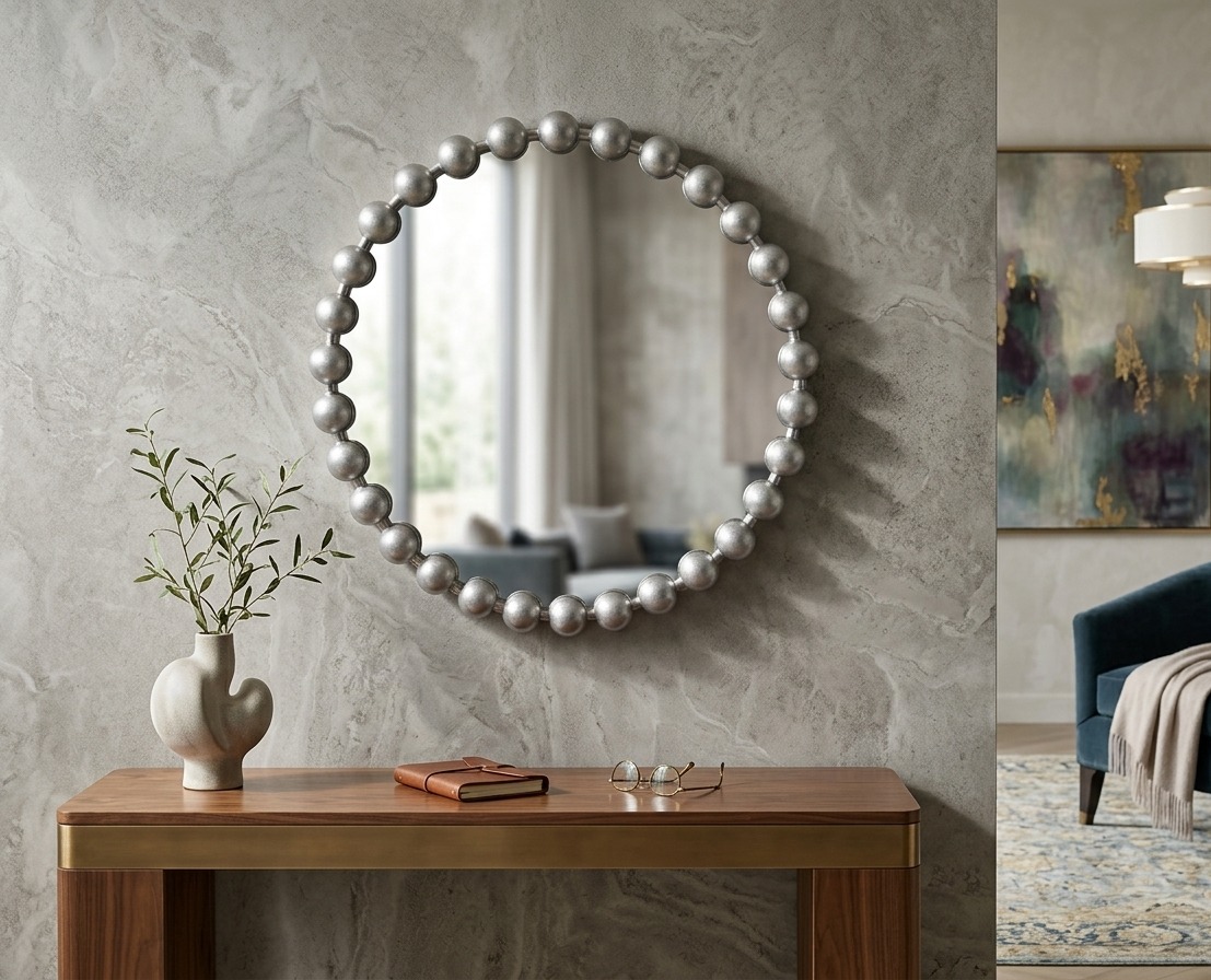 Ellehome Round Pearl Bead Mirror Silver