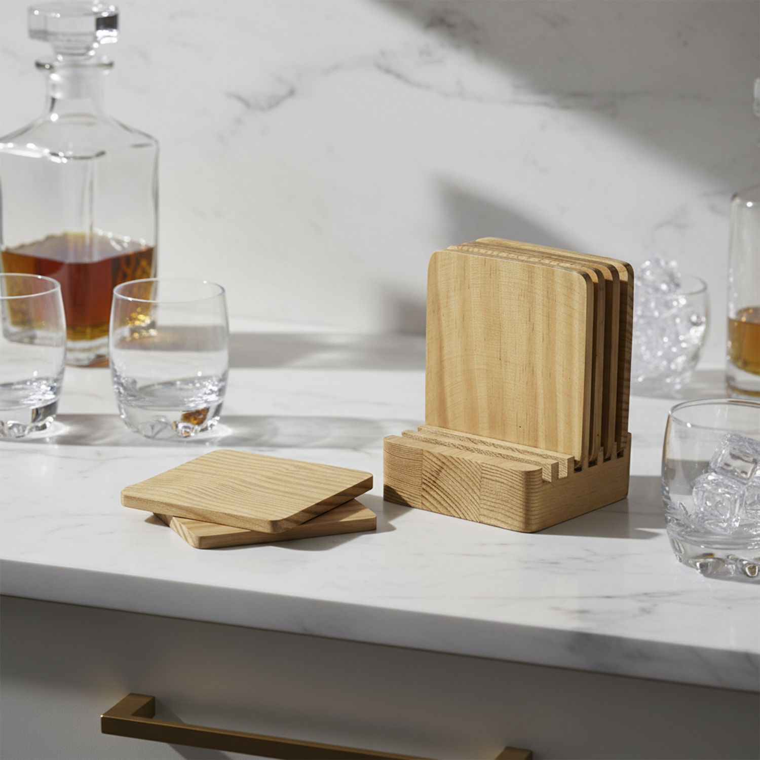 ELLEHOME Square Wooden Coasters Set of 6 with Wooden Stand – Natural Pine Wood Table Coasters